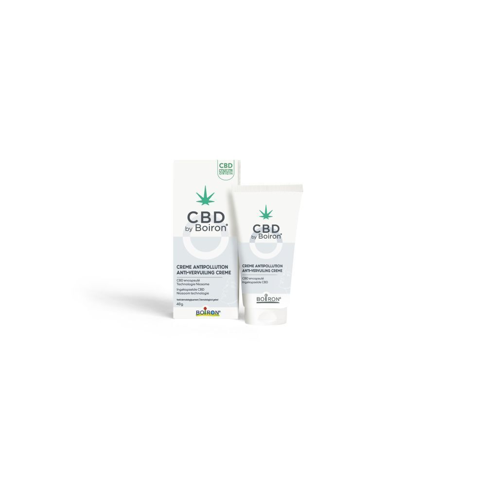 Crème et emballage CBD by Boiron. Tube et boîte blancs avec logo et nom du produit.