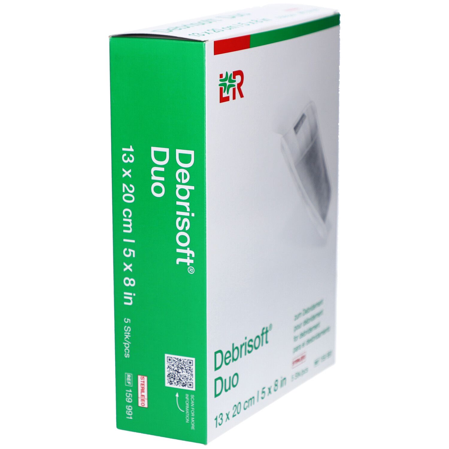 Zijaanzicht van de Debrisoft Duo verpakking. Groen-witte doos met productnaam en afmetingen.