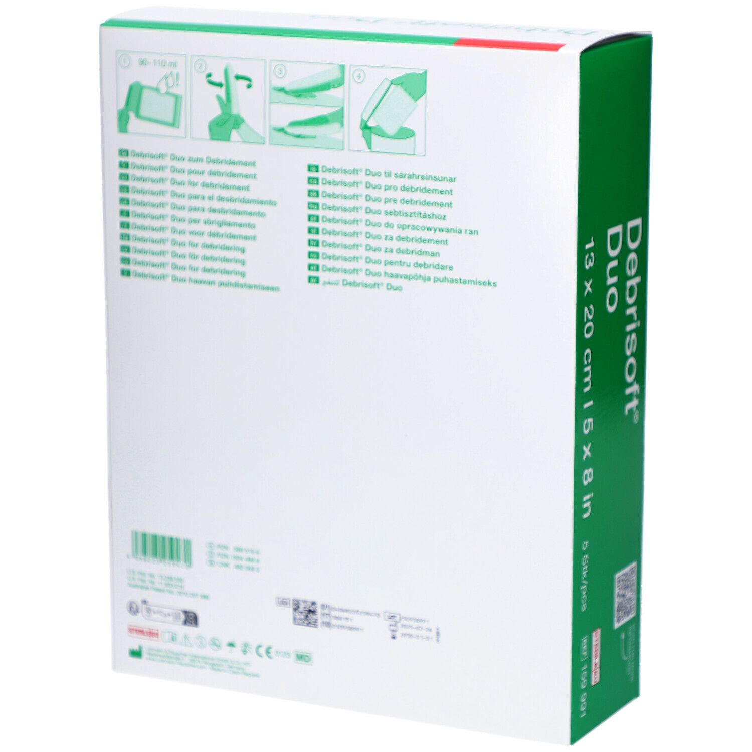 Achterkant van de Debrisoft Duo verpakking. Meertalige productinformatie en pictogrammen.