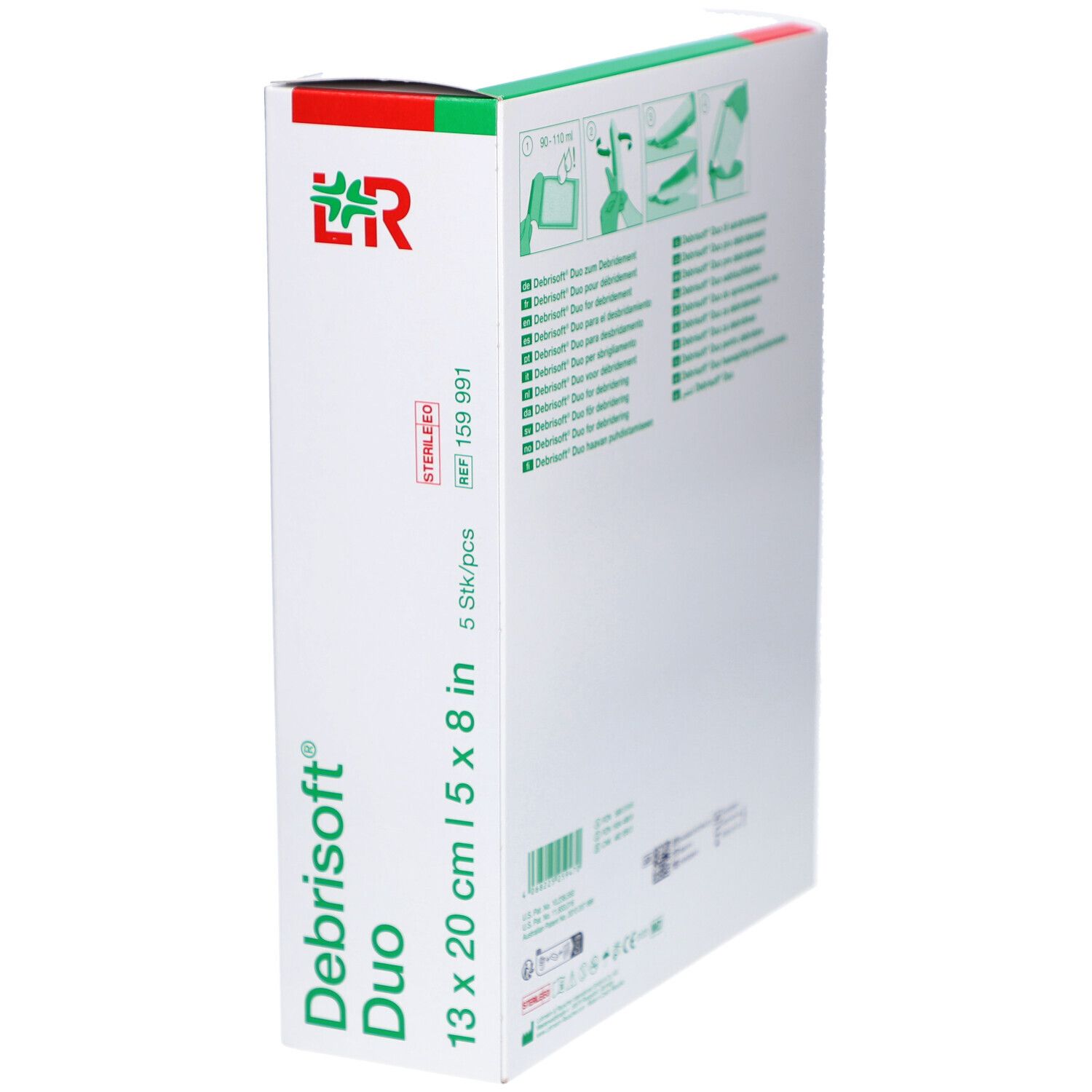 Zijaanzicht van de Debrisoft Duo verpakking. Groen-witte doos met productnaam en afmetingen.