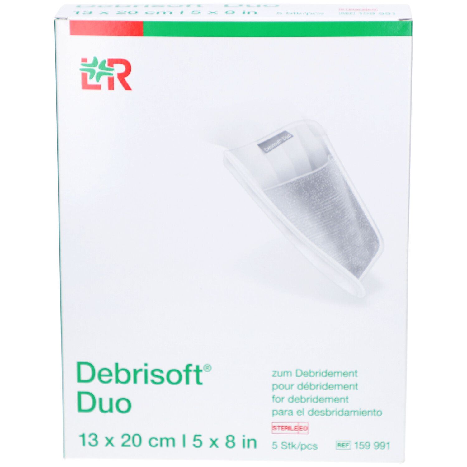 Verpakking van Debrisoft Duo, 13x20 cm. Bevat 5 stuks. Steriele verpakking met productafbeelding.