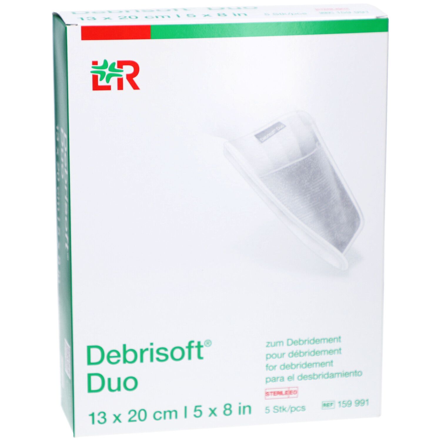 Verpakking van Debrisoft Duo, 13x20 cm. Bevat 5 stuks. Steriele verpakking met productafbeelding.