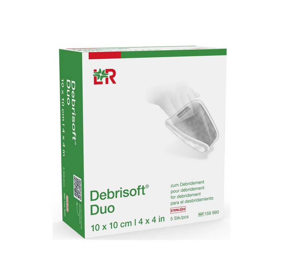 Boîte de Debrisoft Duo, 10 x 10 cm. Inscription : Duo, 10 x 10 cm, 4 x 4 in. Contient 5 pièces. Avec logo et texte pour débridement.