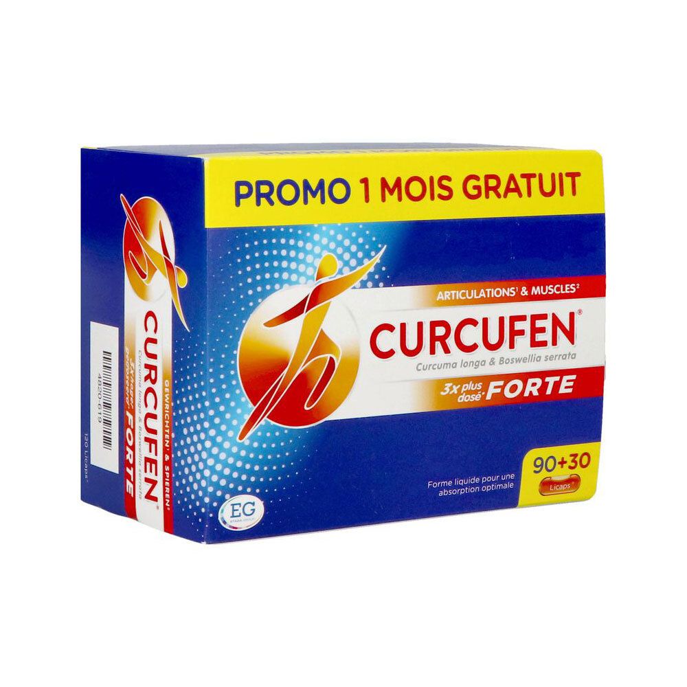 Boîte bleue et blanche avec logo "CURCUFEN FORTE". Contient 90+30 gélules. Inscription : "Articulations & Muscles".