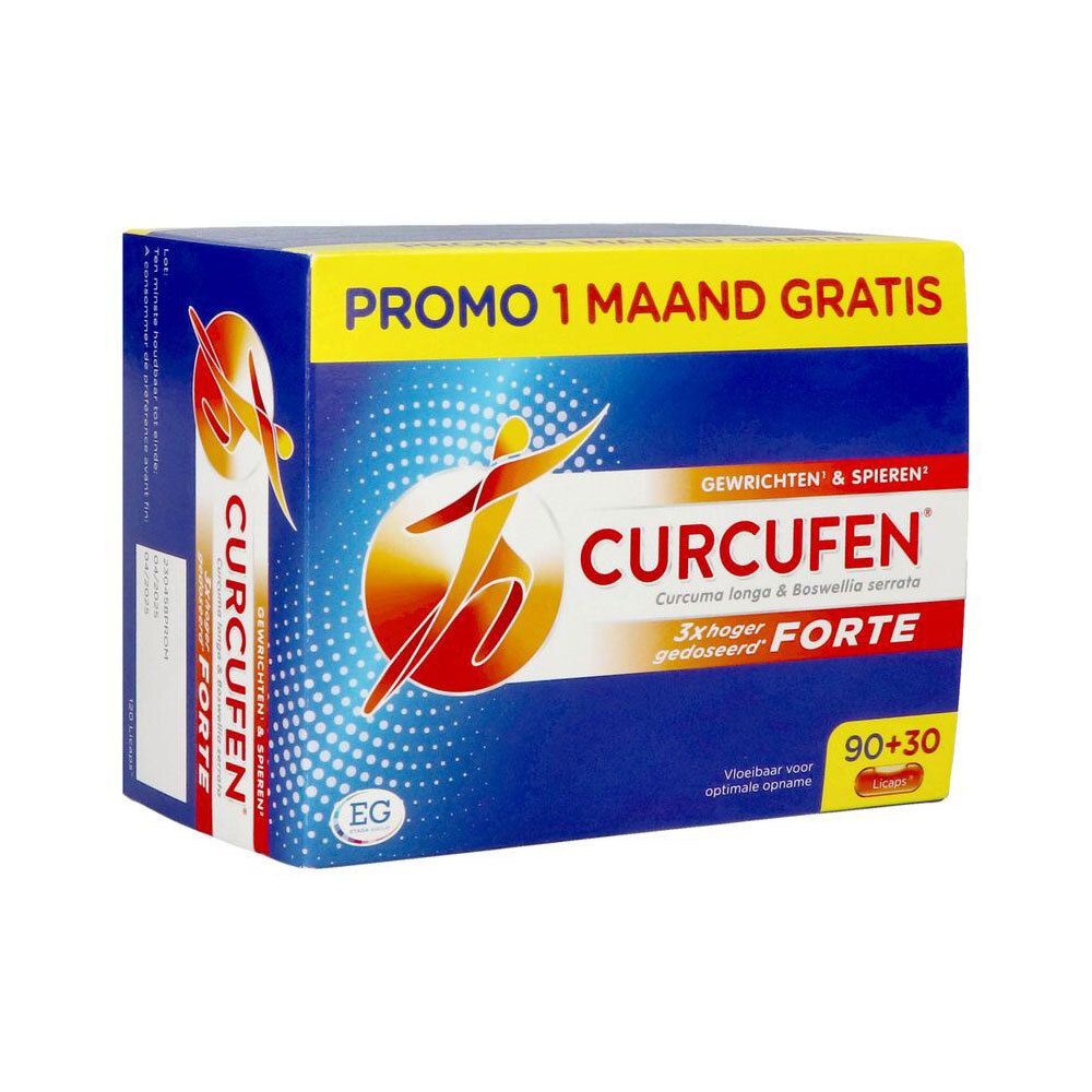Blauwe en witte doos met "CURCUFEN FORTE" logo. Bevat 90+30 capsules. Opschrift: "Gewrichten & Spieren".