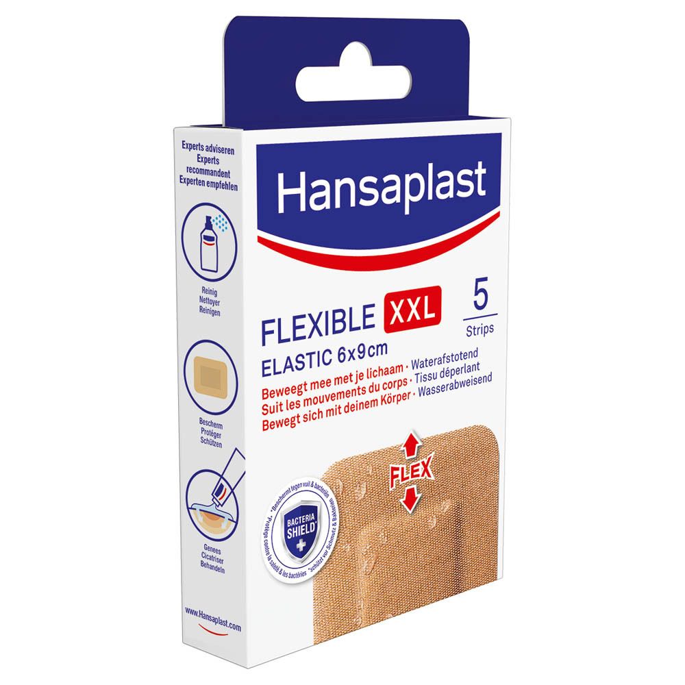 Côté de la boîte de pansements Hansaplast Flexible XXL. Informations et pictogrammes.