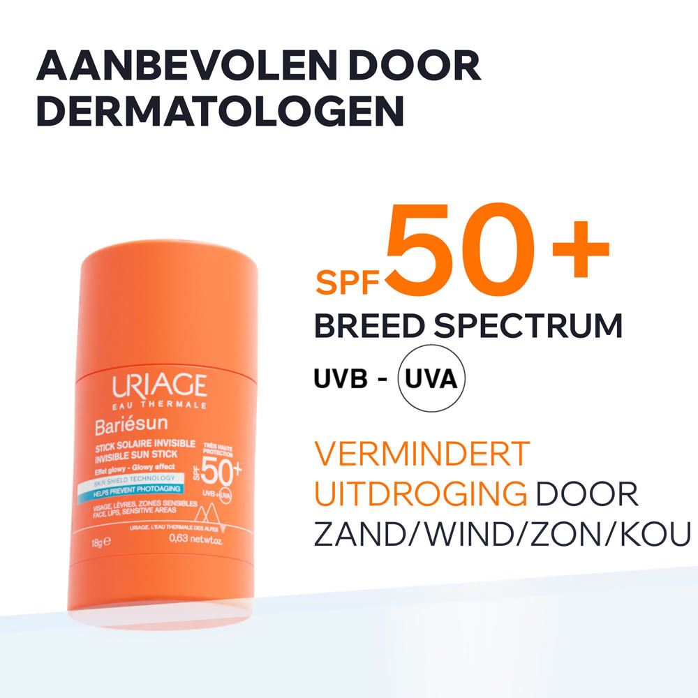 Uriage Bariésun Stick SPF50+ met tekst: SPF 50+, Breed Spectrum, UVB - UVA.