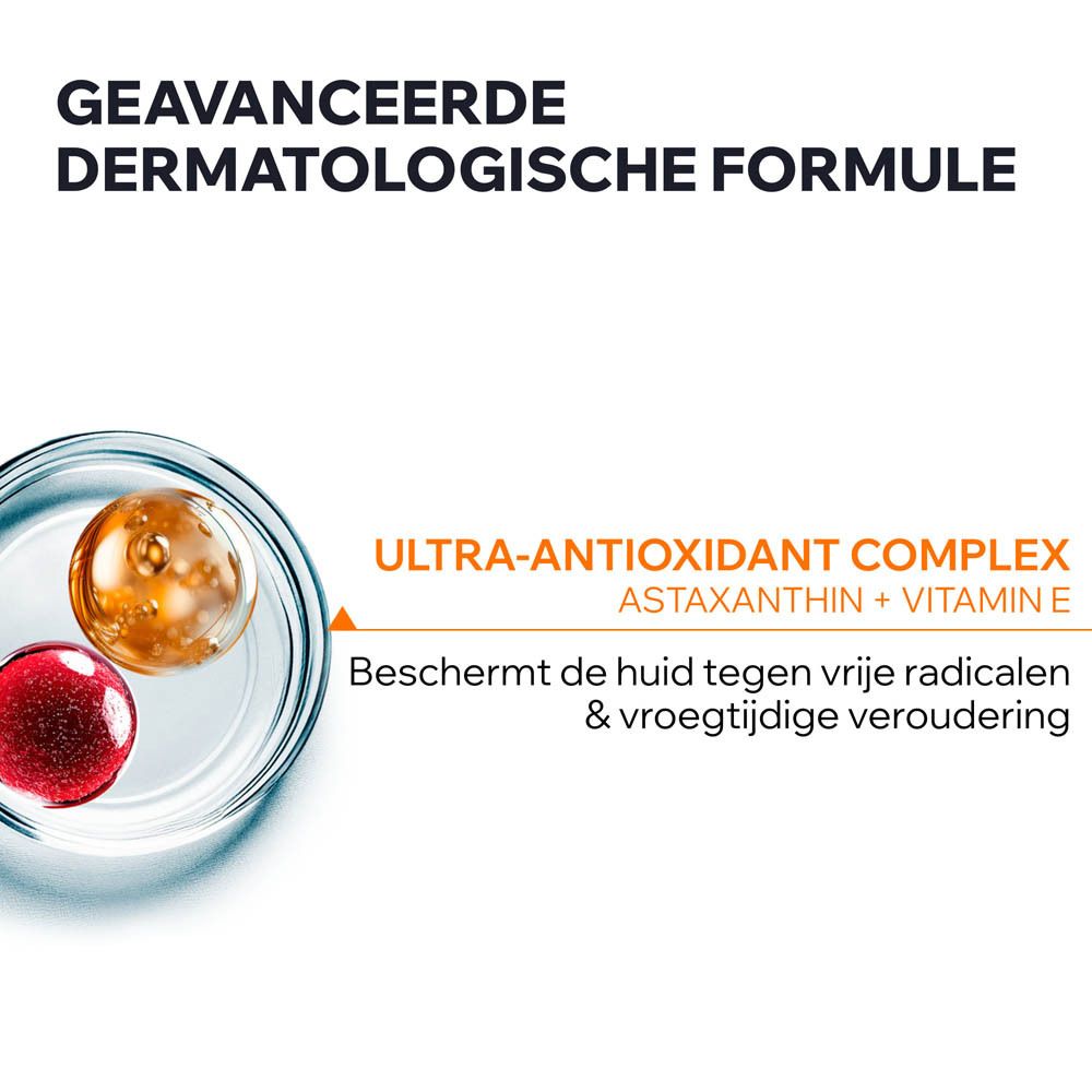 Close-up van ingrediënten. Tekst: Ultra-antioxidant complex, Astaxanthine + Vitamine E.
