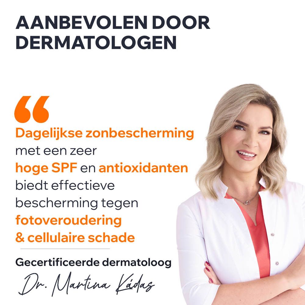 Vrouw in witte jas. Tekst: Aanbevolen door dermatologen. Citaat over zonbescherming.