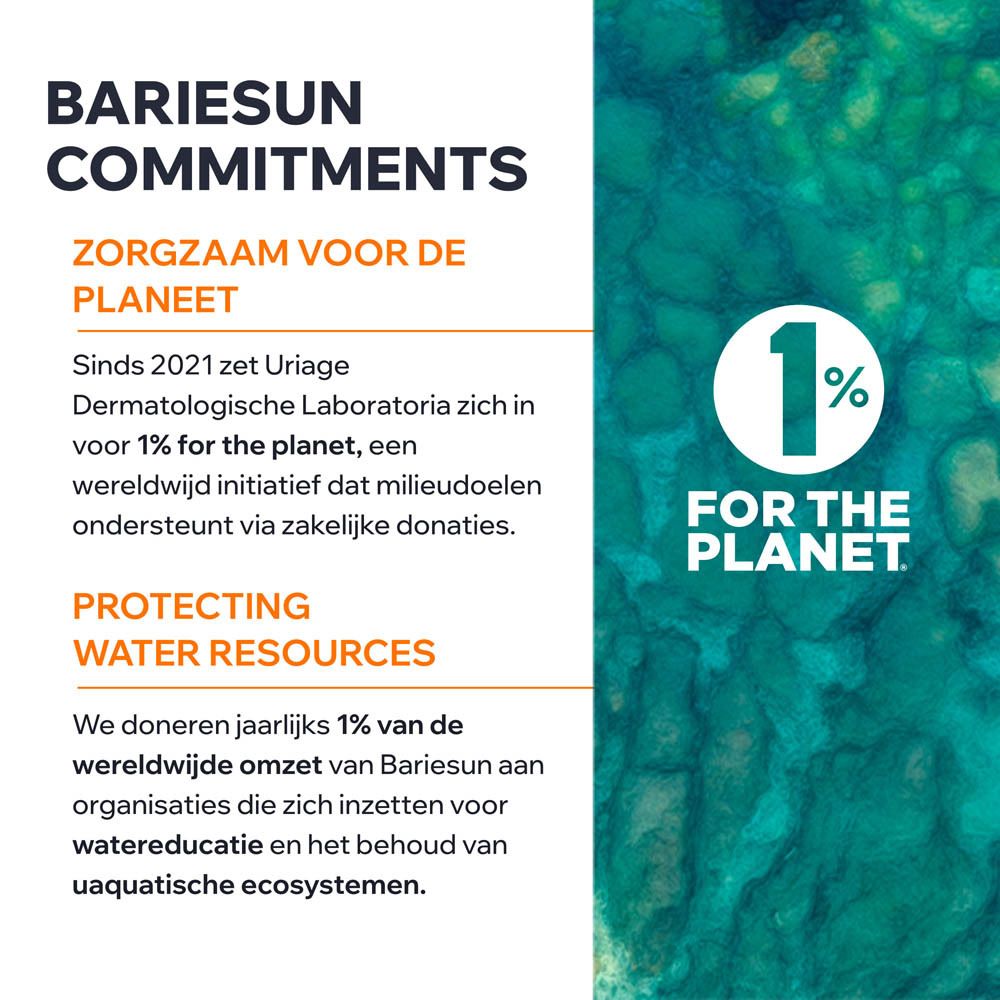 Afbeelding met tekst. Tekst: Engagements Bariésun, 1% voor het milieu, bescherming van waterbronnen.
