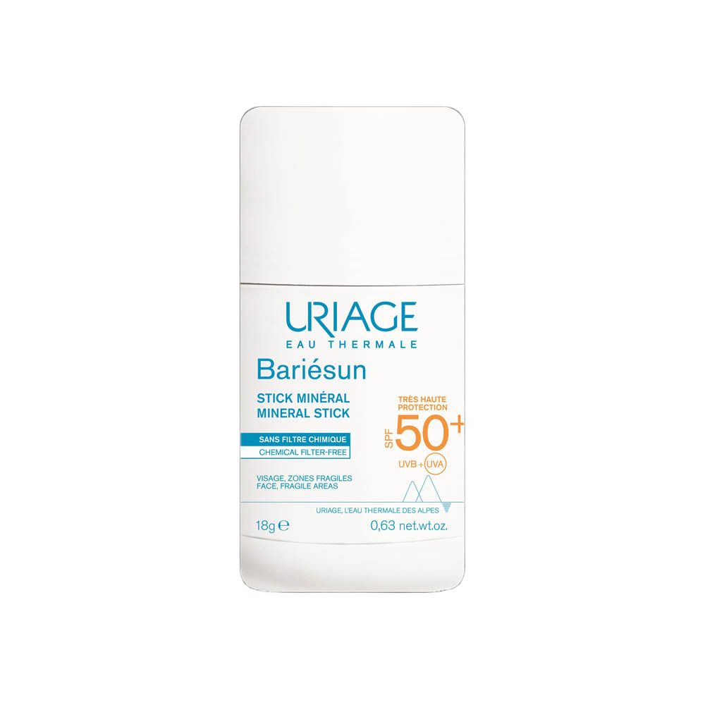 Uriage Bariésun Mineralstift SPF 50+. Productafbeelding met tekst. SPF 50+. Voor gevoelige huid.