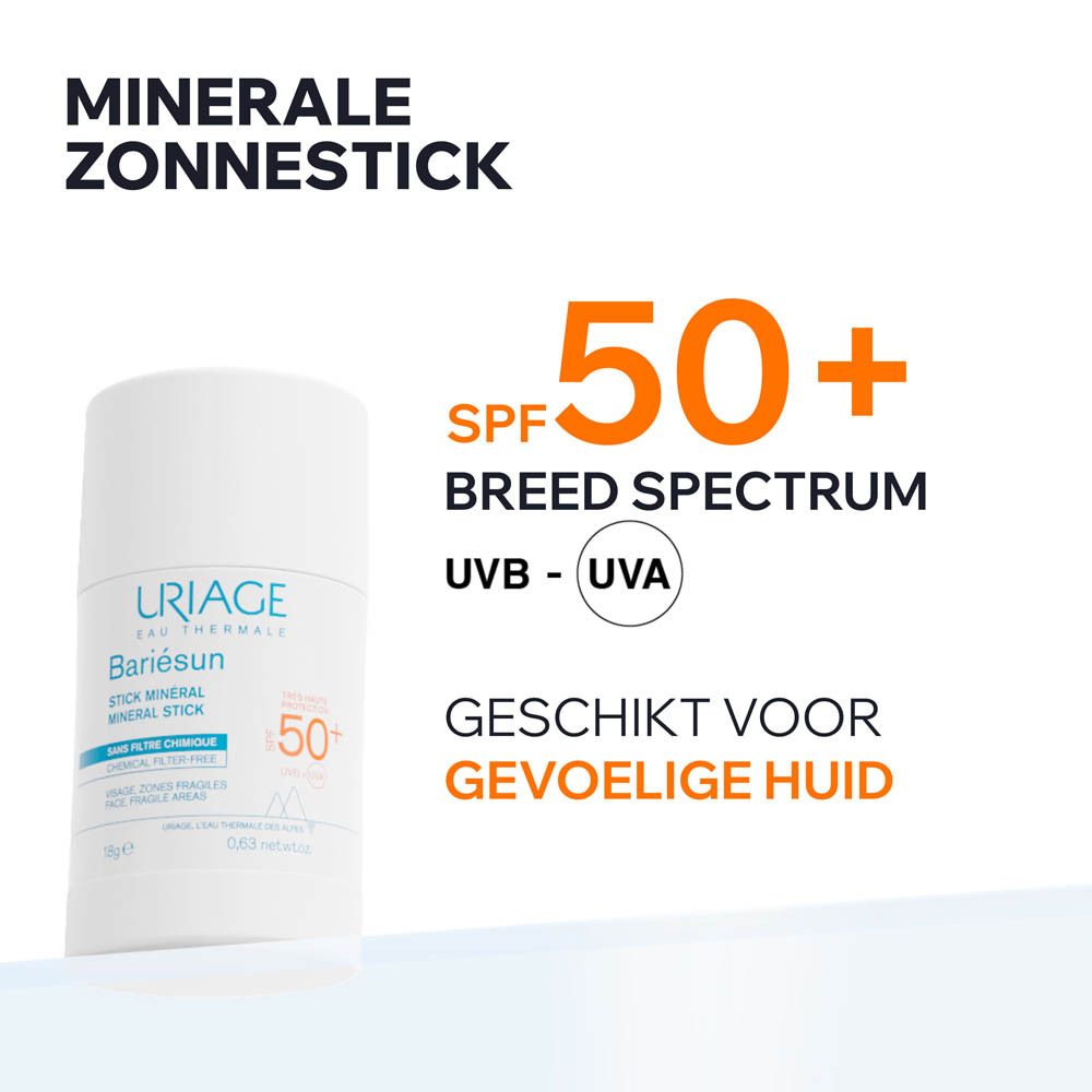 Uriage Bariésun Mineralstift SPF 50+. Product in gebruik. Gezicht. Voor gevoelige huid.