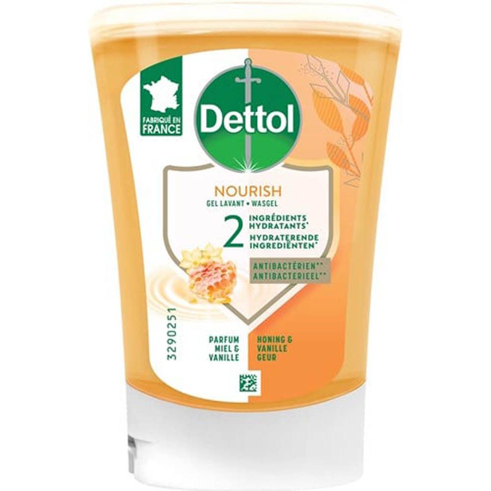 Gel Lavant navulling. Dettol-logo en productnaam. Opschrift: Nourish, Miel & Vanille. Met 2 hydraterende ingrediënten. Antibacterieel.