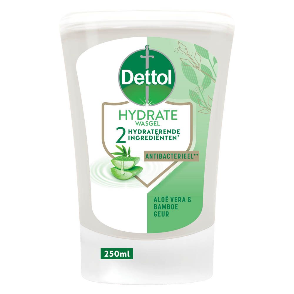 Gel lavant Dettol Hydrate. Flacon transparent avec détails verts. Aloe vera et bambou. 250ml.