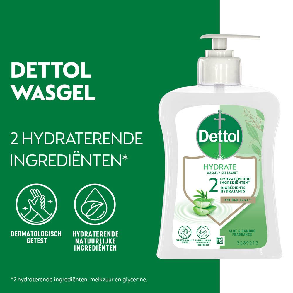 Dettol Wasgel. 2 hydraterende ingrediënten. Dermatologisch getest. Natuurlijke ingrediënten.