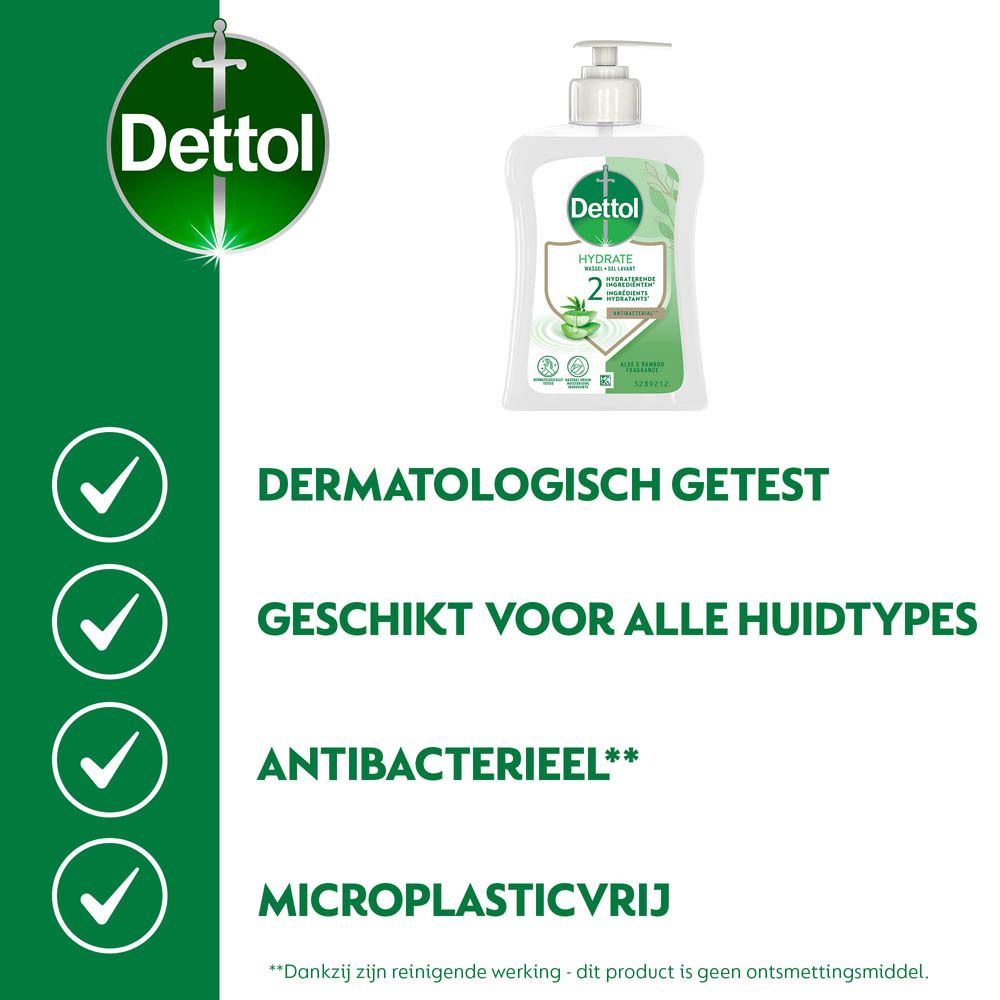 Dettol Wasgel. Dermatologisch getest. Geschikt voor alle huidtypes. Antibacterieel. Microplasticvrij.