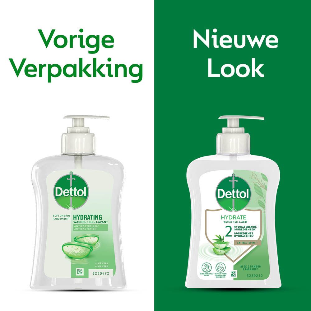 Vergelijking: Vorige verpakking en nieuwe verpakking. Dettol Hydrating Wasgel. Aloë Vera & Bamboe.