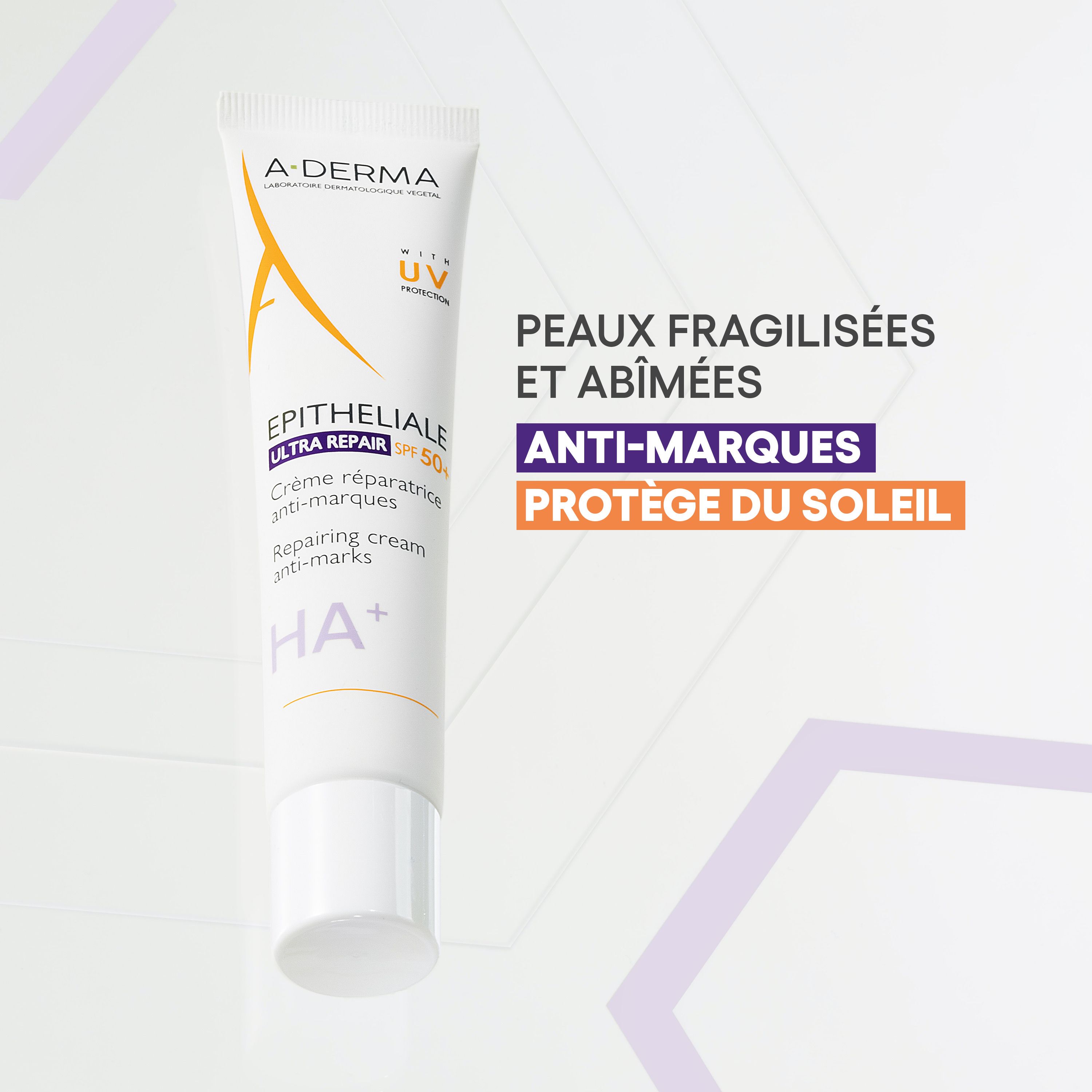 Tube A-Derma EPITHELIALE Ultra Repair SPF50+. Anti-marques. Protection solaire.