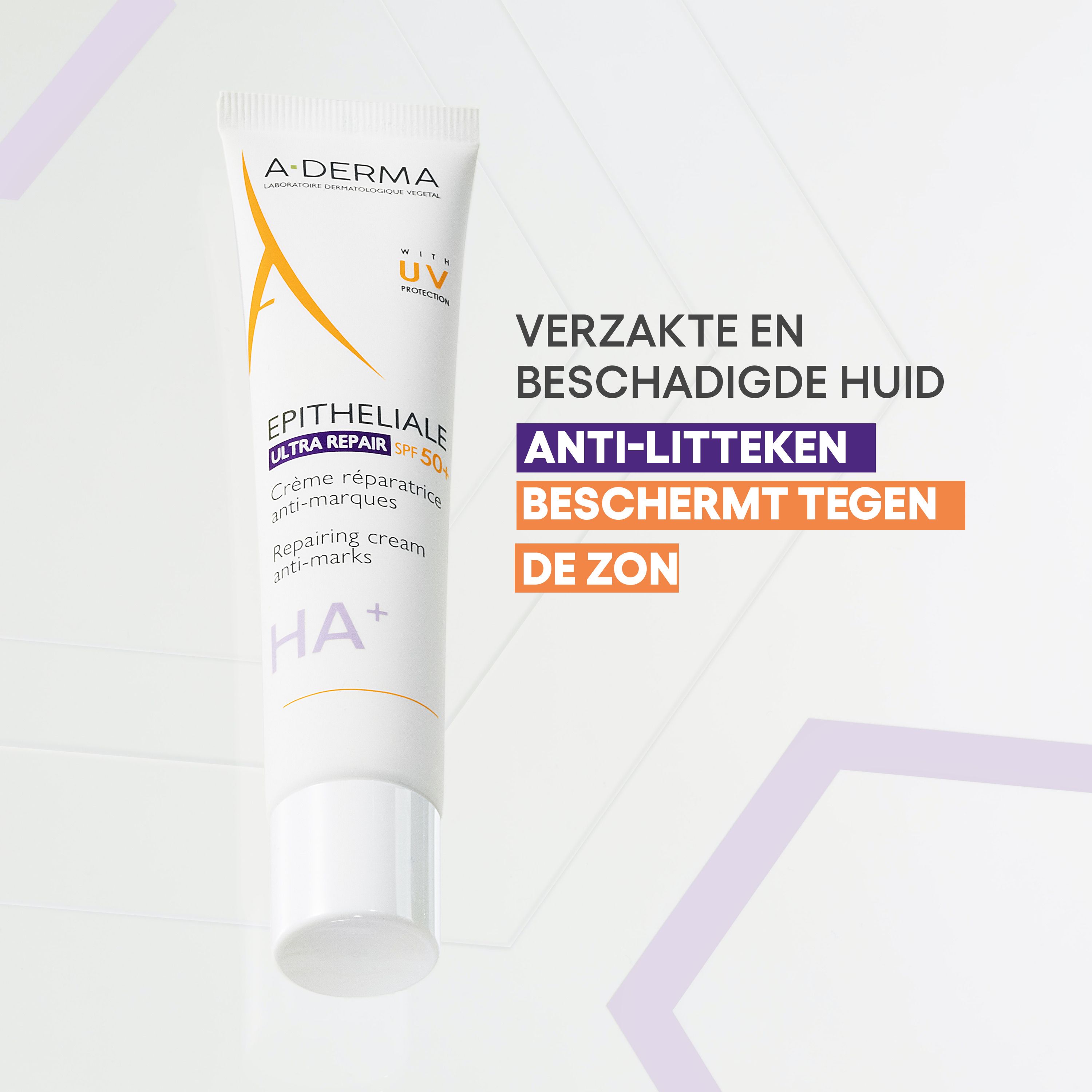 A-Derma EPITHELIALE Ultra Repair SPF50+ tube. Anti-littekens. Zonbescherming.