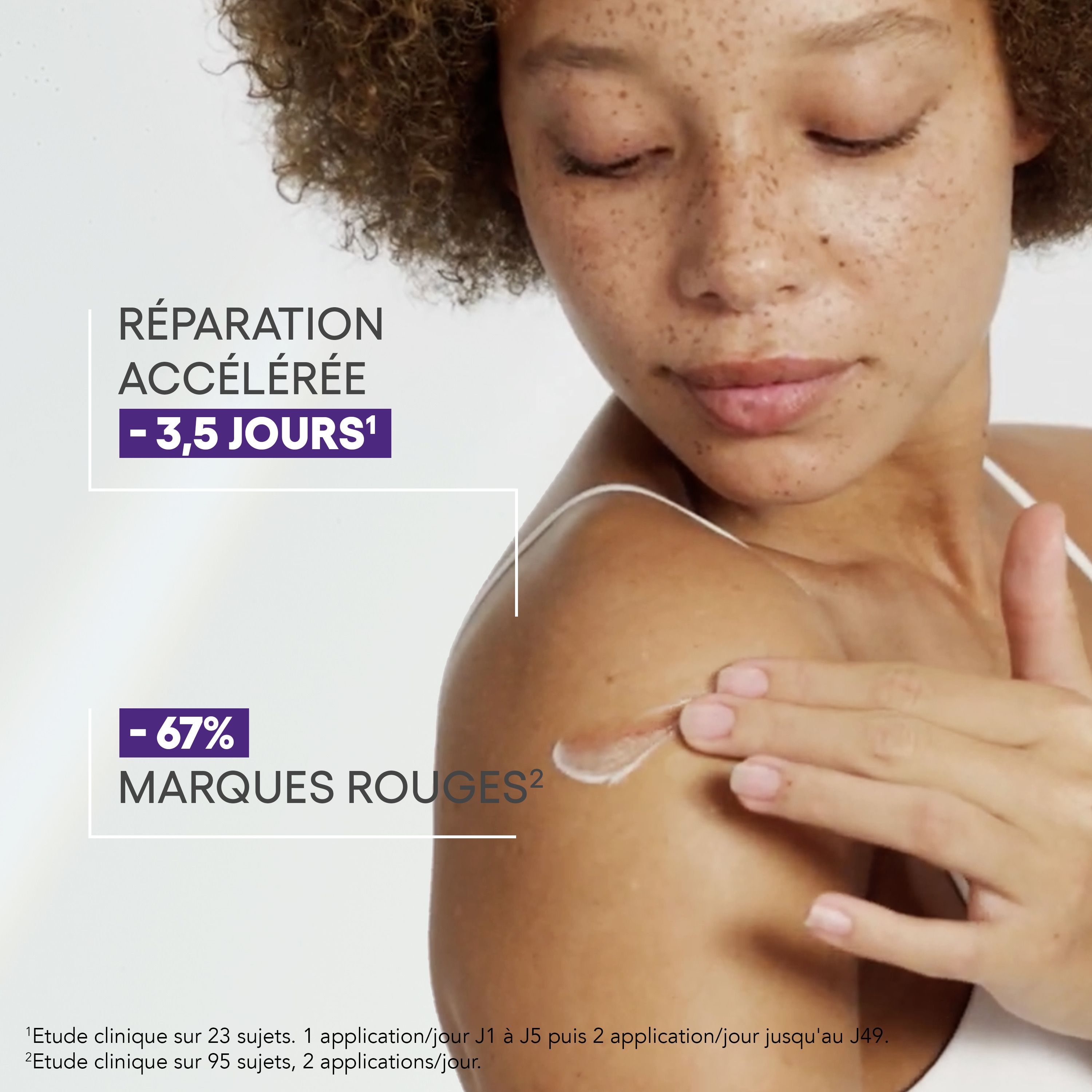 Femme avec crème sur l'épaule. -3,5 jours. -67% marques rouges.