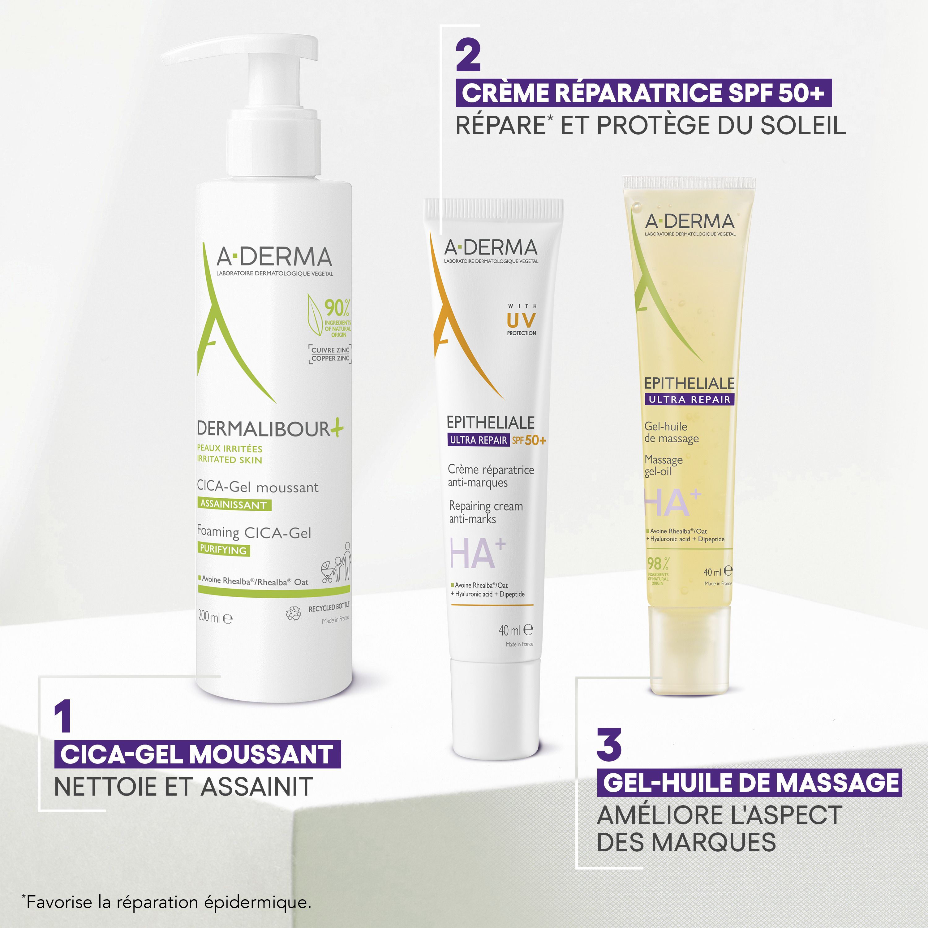 Trois produits A-Derma. Cica-Gel, crème EPITHELIALE, huile de massage.