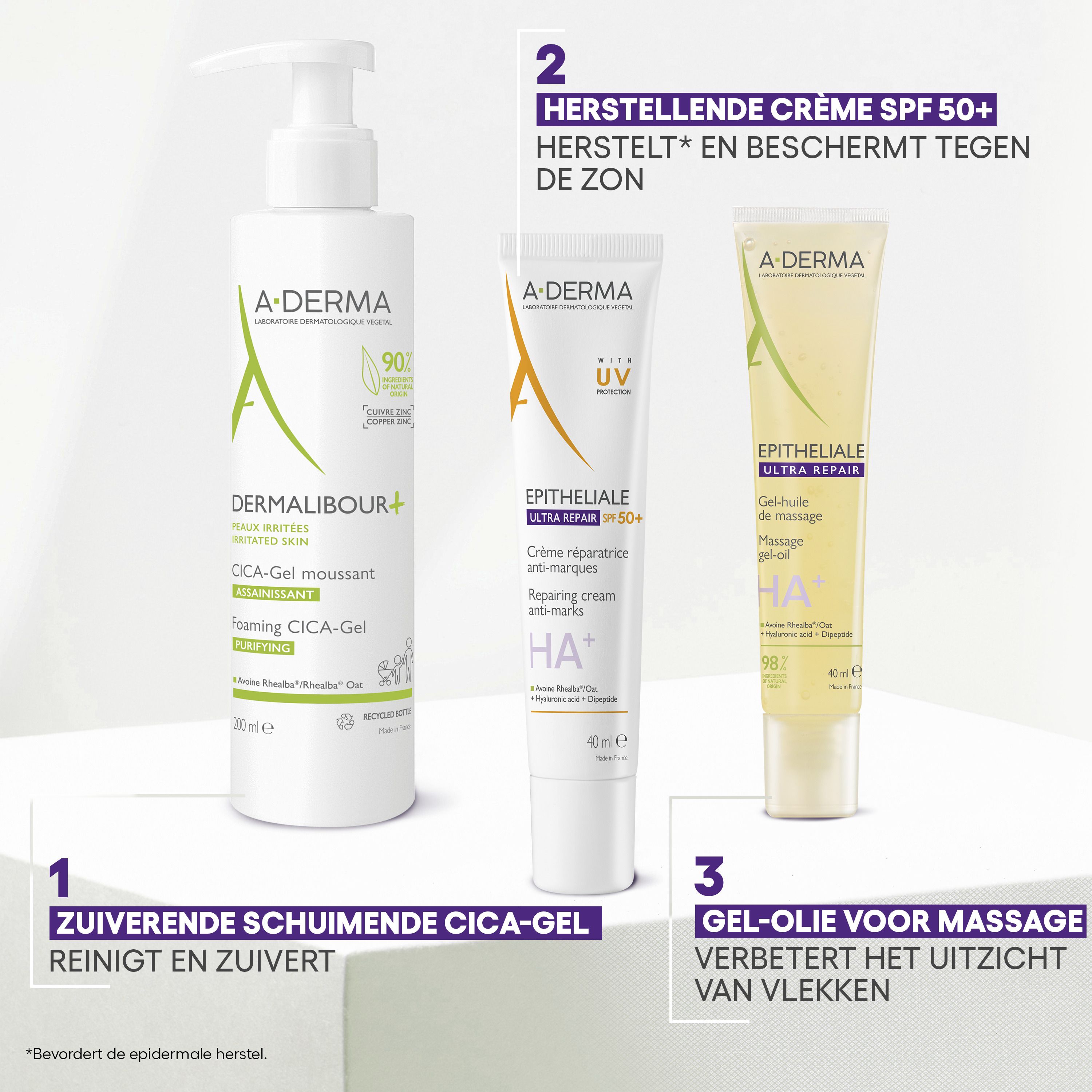 Drie A-Derma producten. Cica-Gel, EPITHELIALE crème, massage-olie.