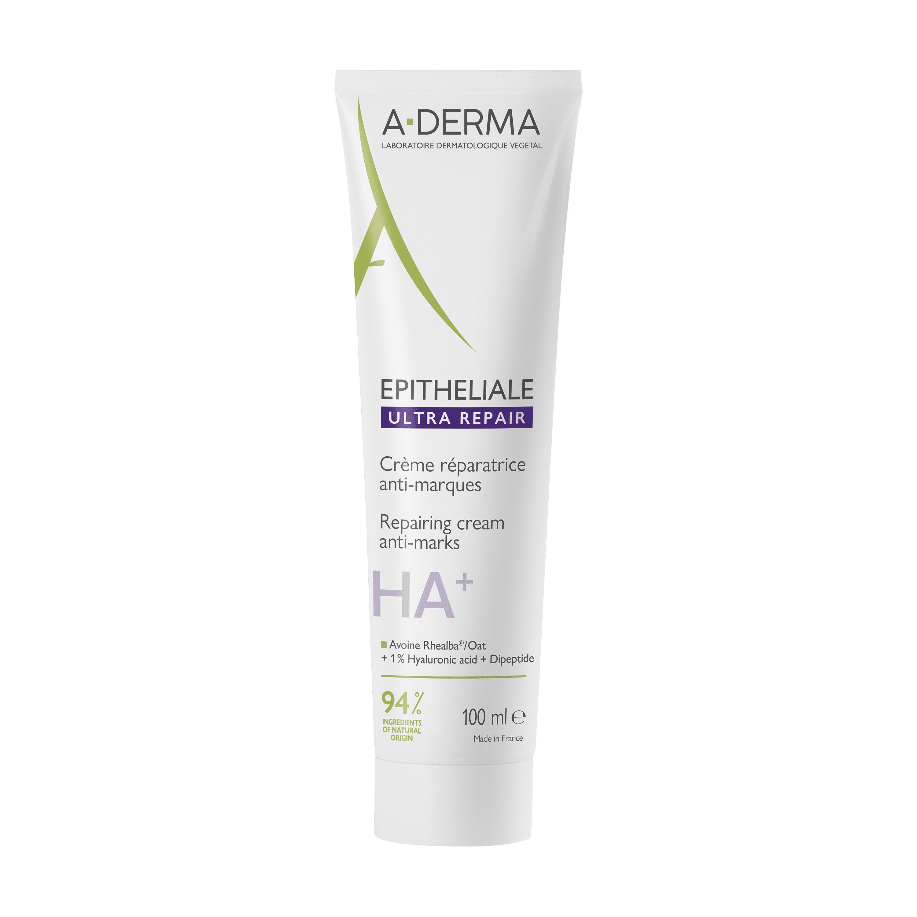 A-Derma Epitheliale A.H Ultra crèmetube. Witte tube met groene en paarse tekst. 100 ml.