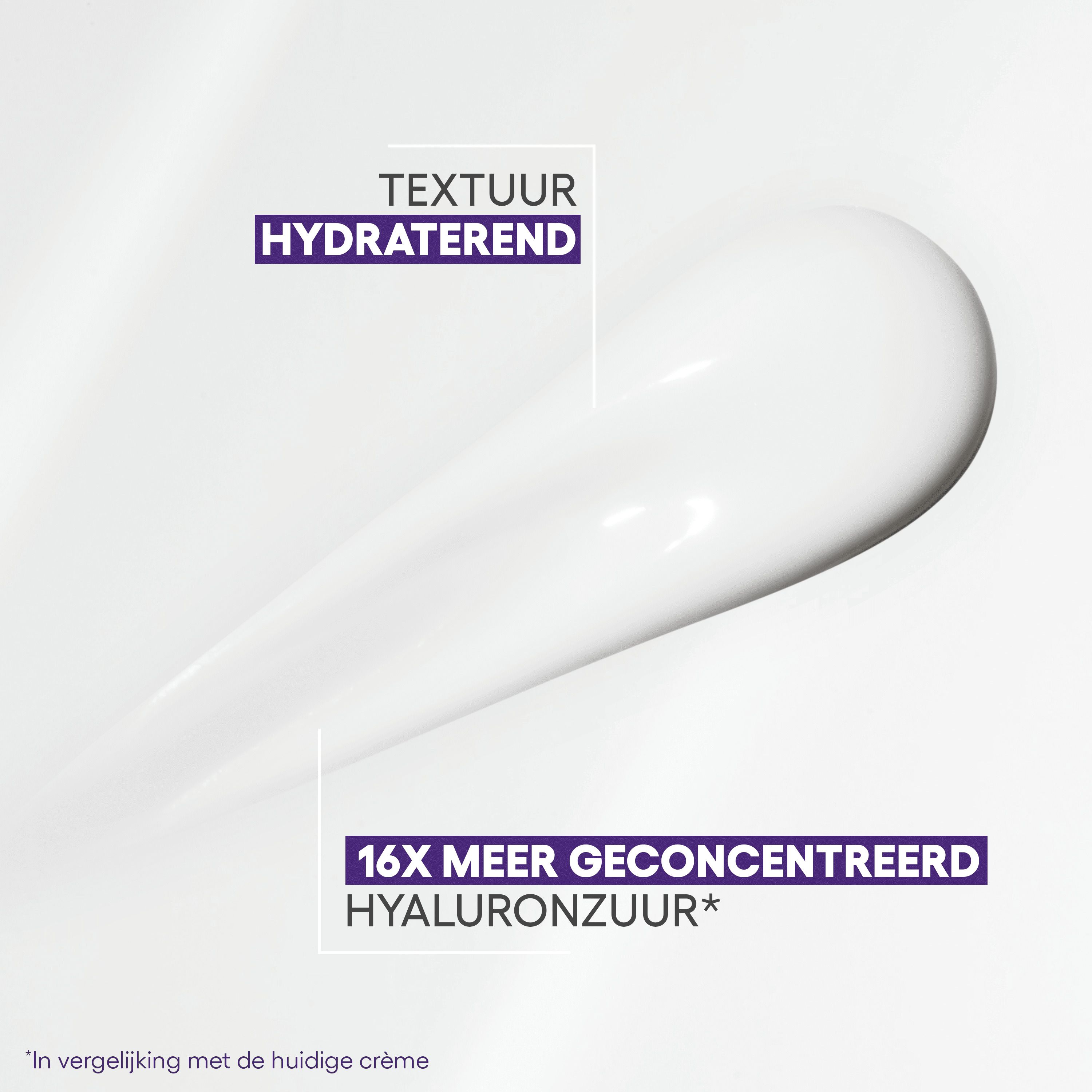 Crèmetextuur. Witte crème. Tekst: Textuur hydraterend. 16x meer geconcentreerd hyaluronzuur.