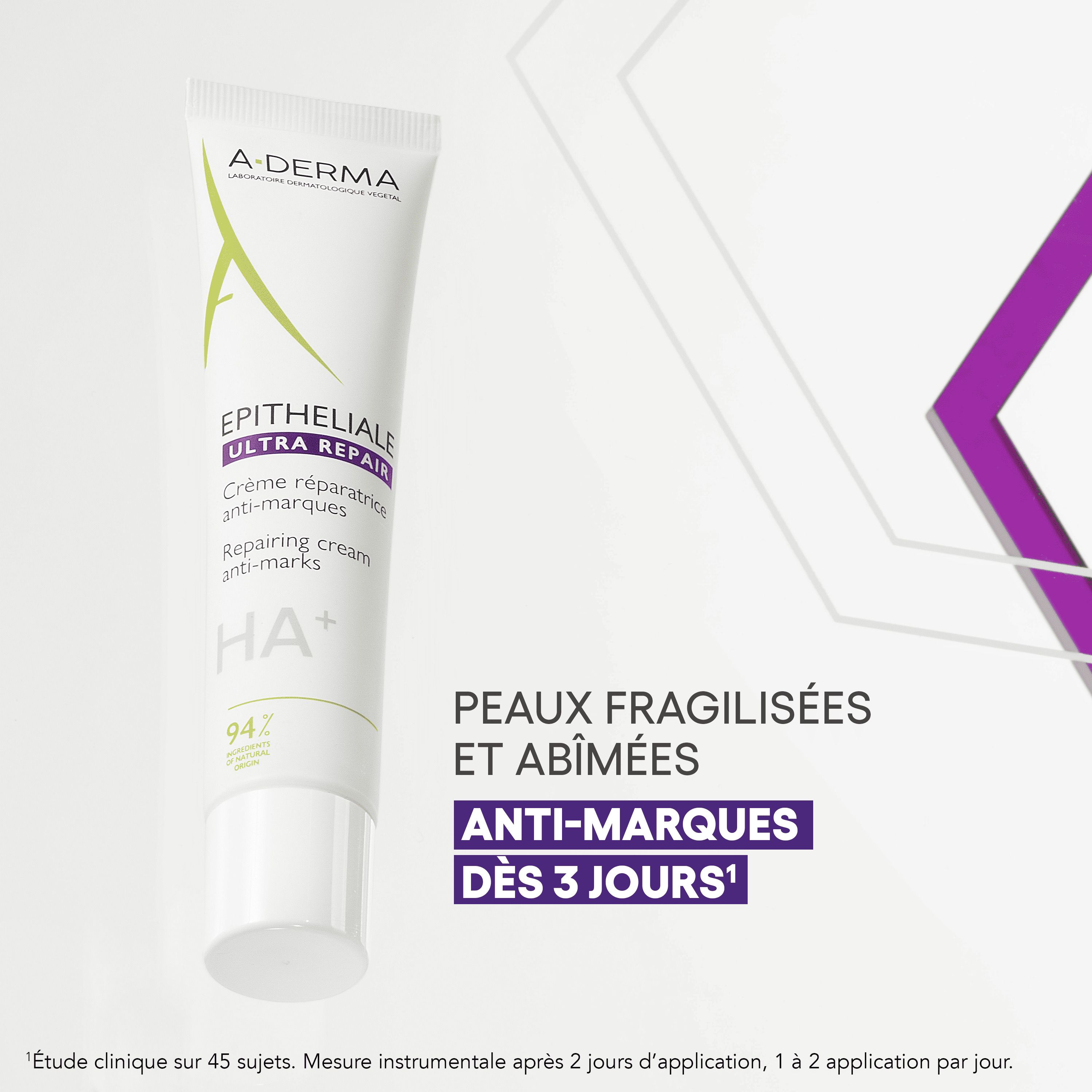 Tube de crème A-Derma Epitheliale A.H Ultra. Texte : Peaux fragilisées. Dès 3 jours.