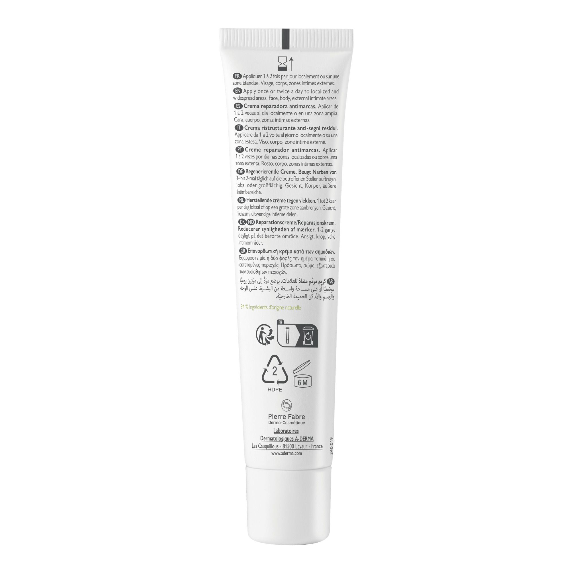 Dos du tube de crème A-Derma Epitheliale A.H Ultra Repair. Texte multilingue.