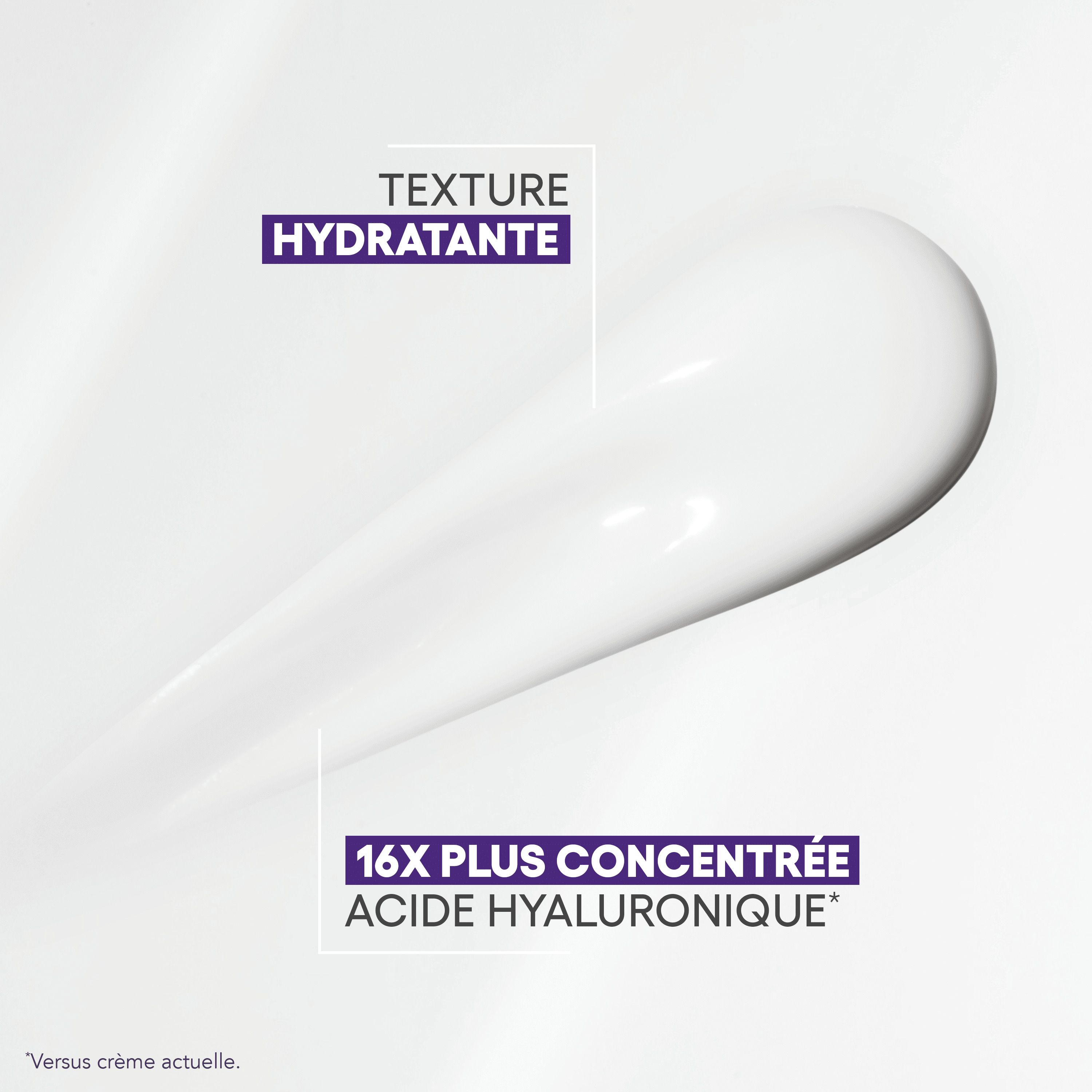 Gros plan de la crème. Texte: TEXTURE HYDRATANTE, 16X PLUS CONCENTREE ACIDE HYALURONIQUE.