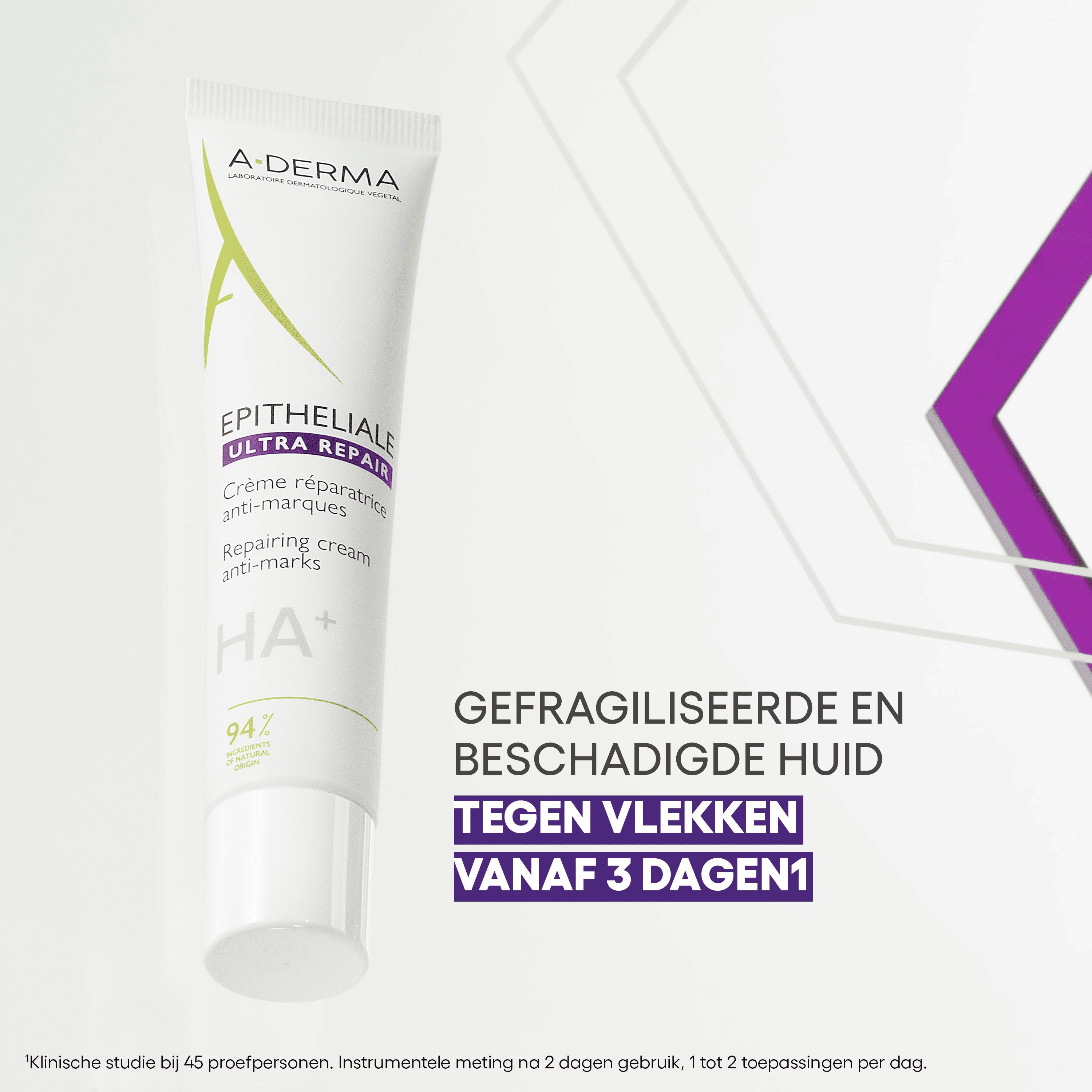 A-Derma Epitheliale A.H Ultra Repair crème en tekst: GEFRAGILISEERDE EN BESCHADIGDE HUID, TEGEN VLEKKEN VANAF 3 DAGEN.
