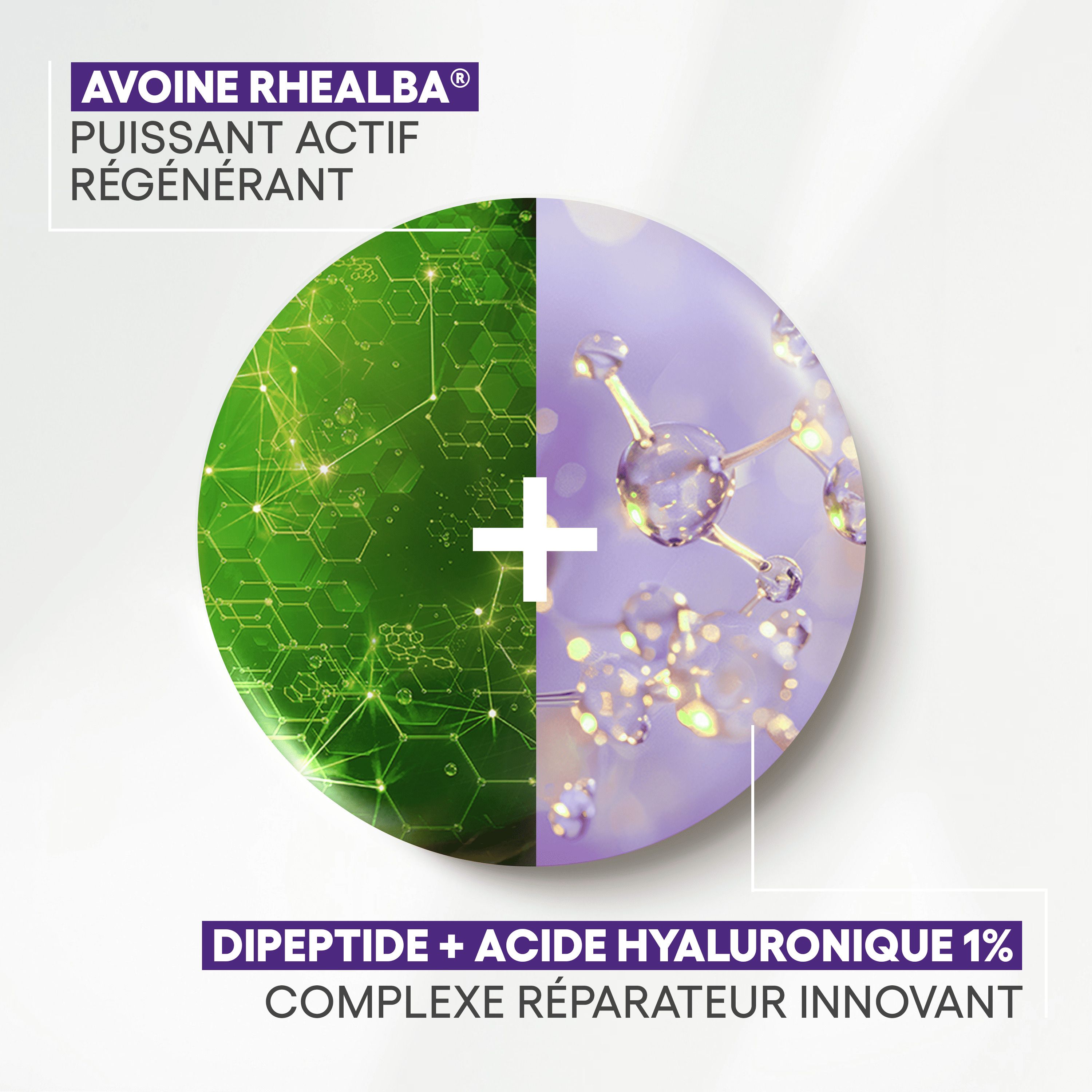 Cercle avec ingrédients. Texte: AVOINE RHEALBA, DIPEPTIDE + ACIDE HYALURONIQUE 1%.