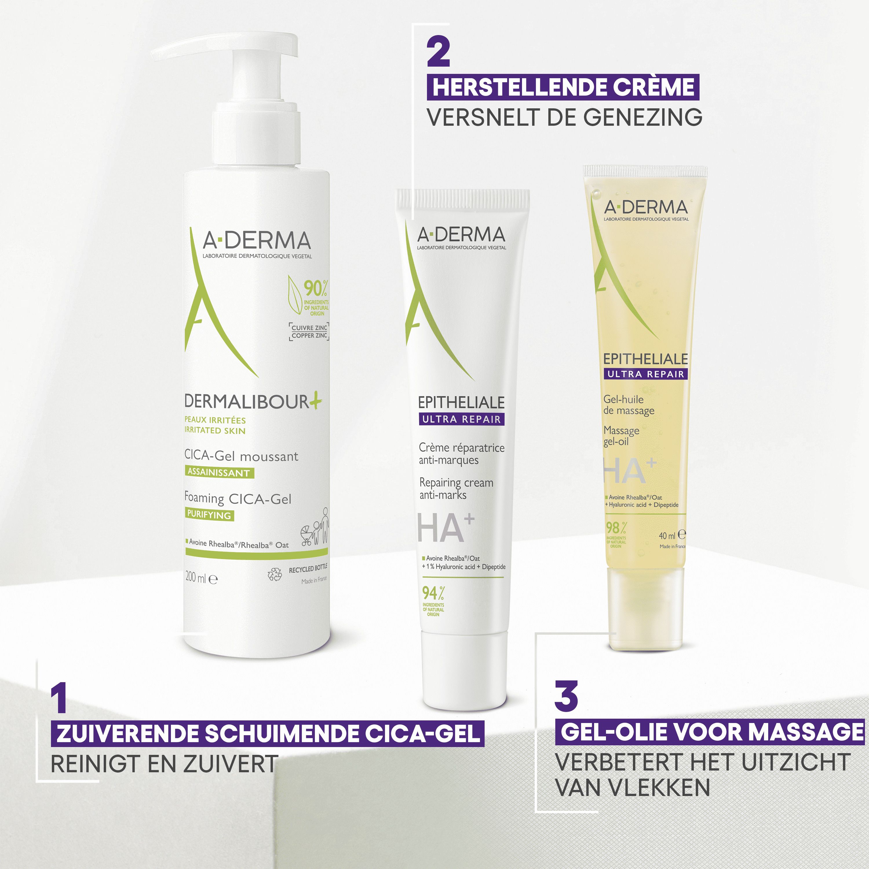Drie A-Derma producten. Tekst: 1. ZUIVERENDE SCHUIMENDE CICA-GEL, 2. HERSTELLENDE CRÈME, 3. GEL-OLIE VOOR MASSAGE.