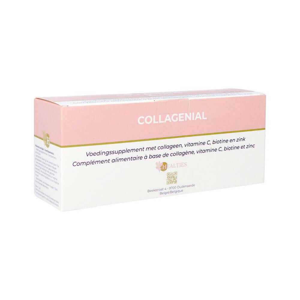 Roze en witte doos met "COLLAGENIAL". Voedingssupplement met collageen, vitamine C, biotine en zink.