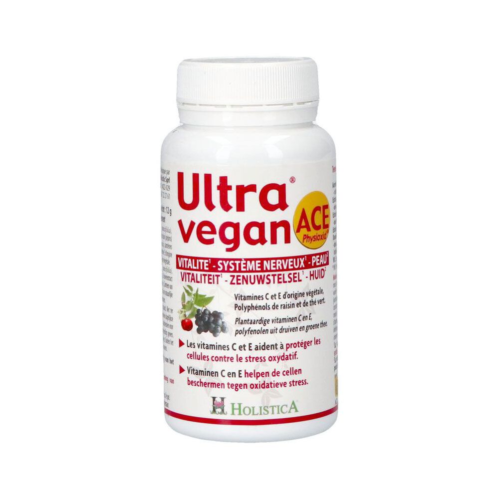 Witte fles met rode en gele tekst. Opschrift: Ultra vegan ACE. Bevat vitamine C en E. Merk: Holistica.