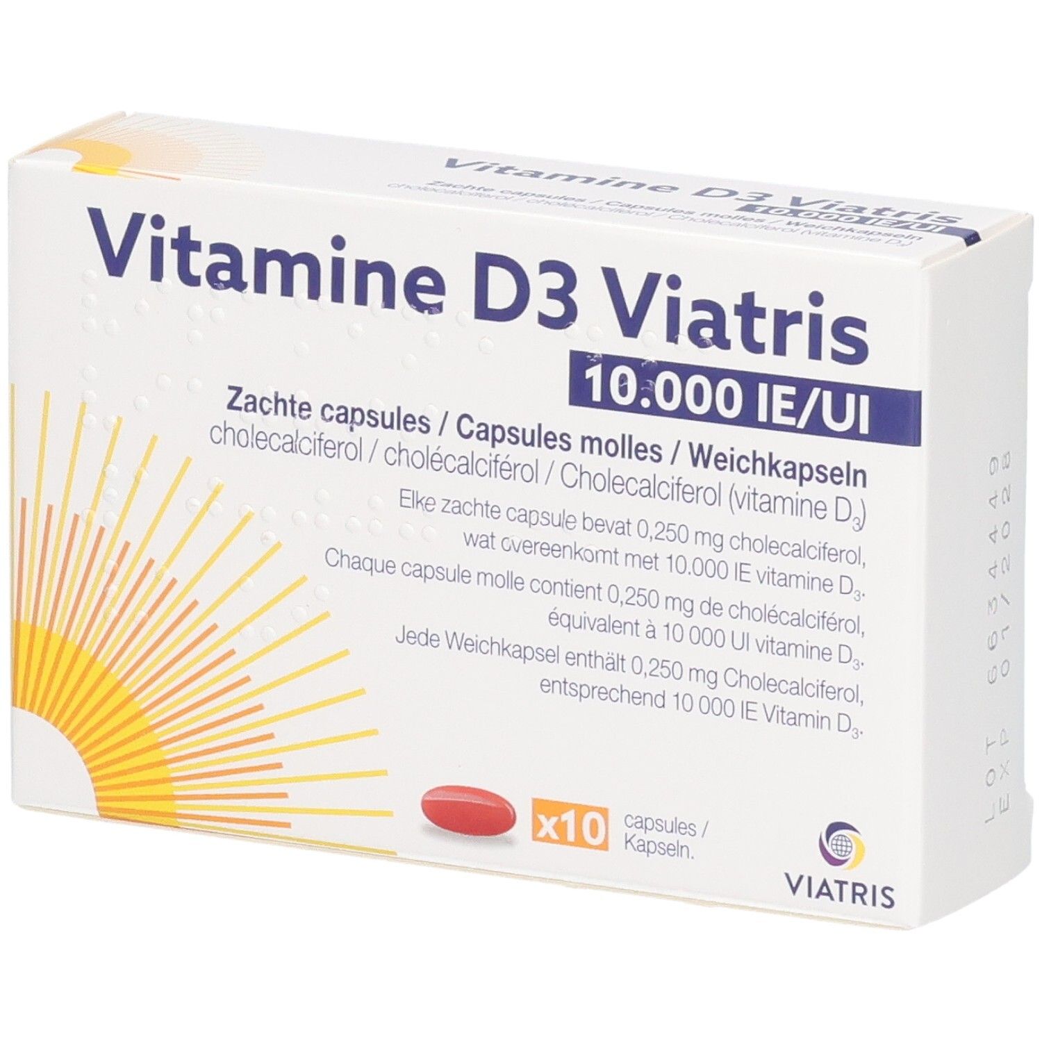 Vitamine D3 Viatris 10.000 IE/UI Zachte capsules Doos met 10 capsules.
