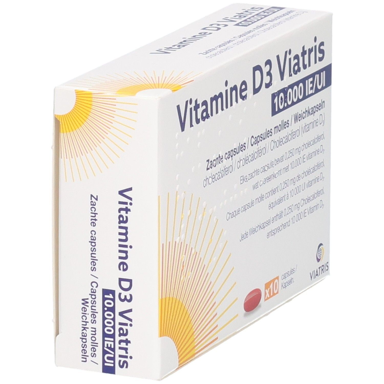 Vitamine D3 Viatris 10.000 IE/UI Zachte capsules Doos met 10 capsules.
