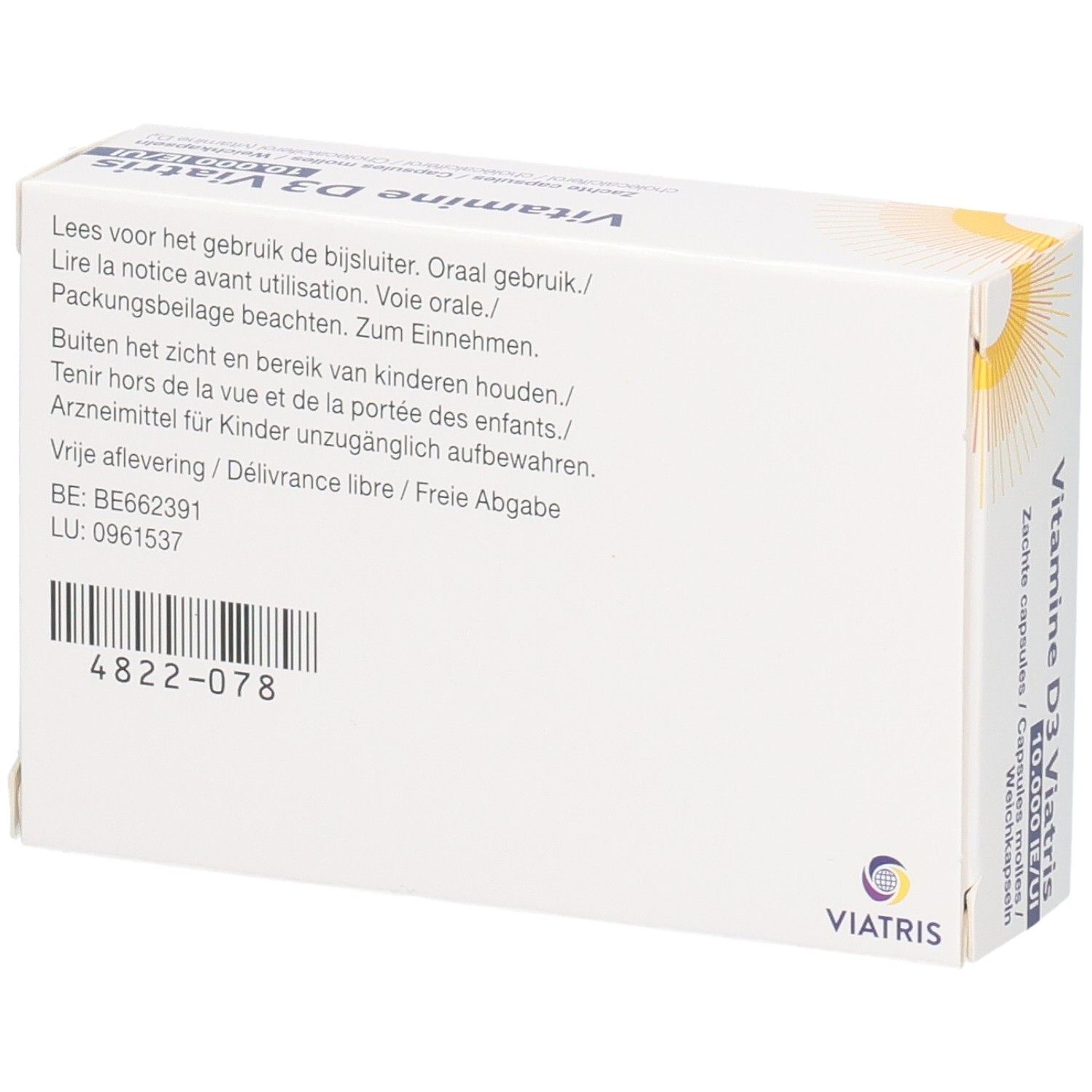 Achterkant van de Vitamine D3 Viatris 10.000 IE/UI doos met informatie en barcode.