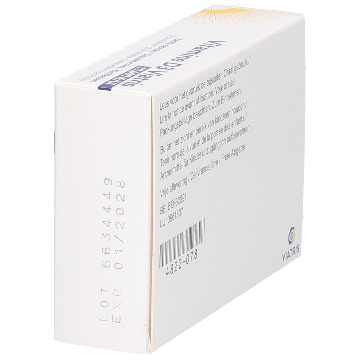 Achterkant van de Vitamine D3 Viatris 10.000 IE/UI doos met lotnummer en vervaldatum.