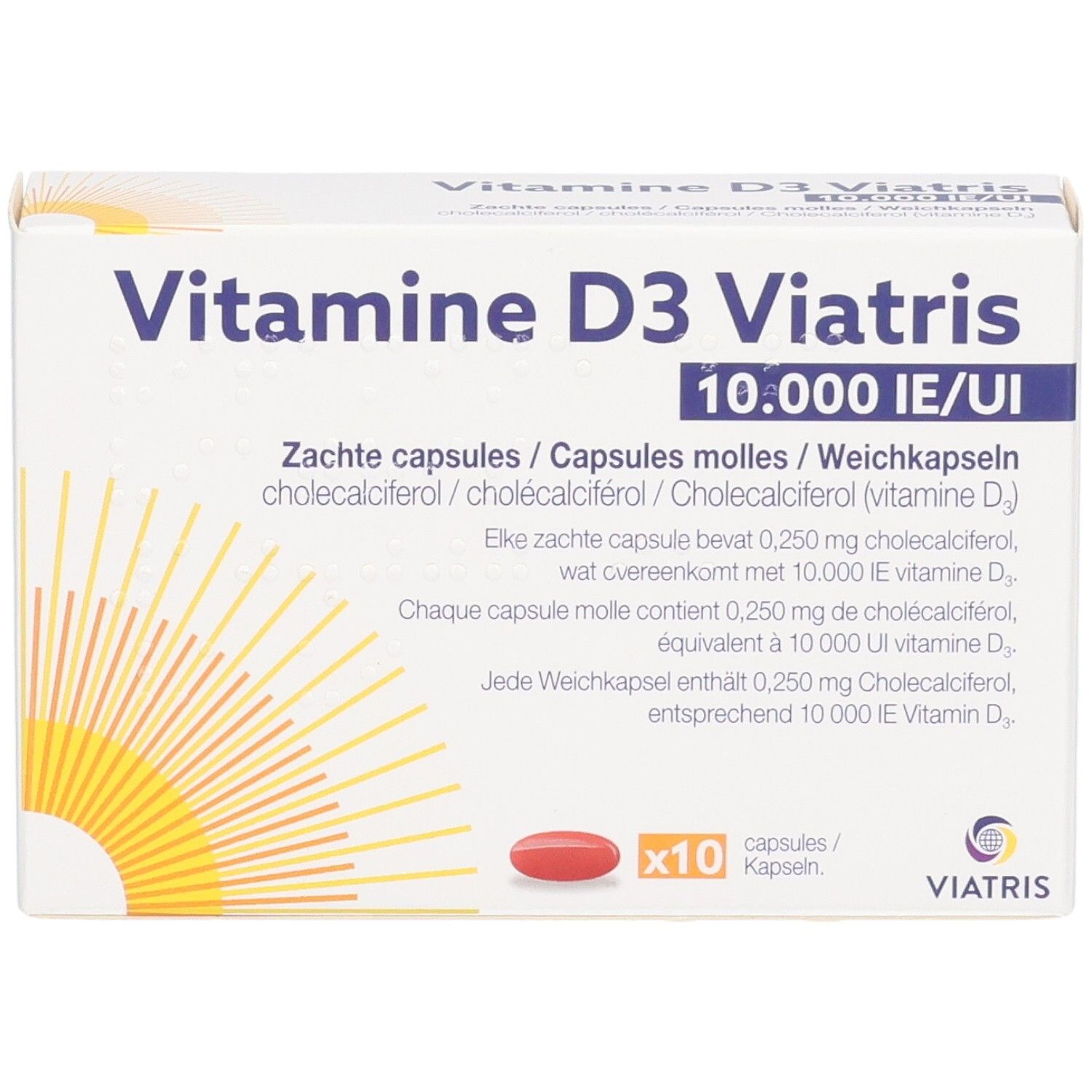 Vitamine D3 Viatris 10.000 IE/UI Zachte capsules Doos met 10 capsules.