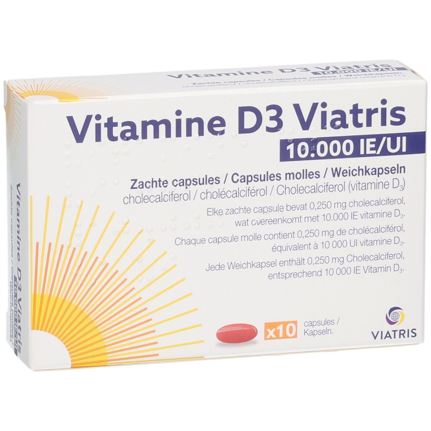Vitamine D3 Viatris 10.000 IE/UI Zachte capsules Doos met 10 capsules.