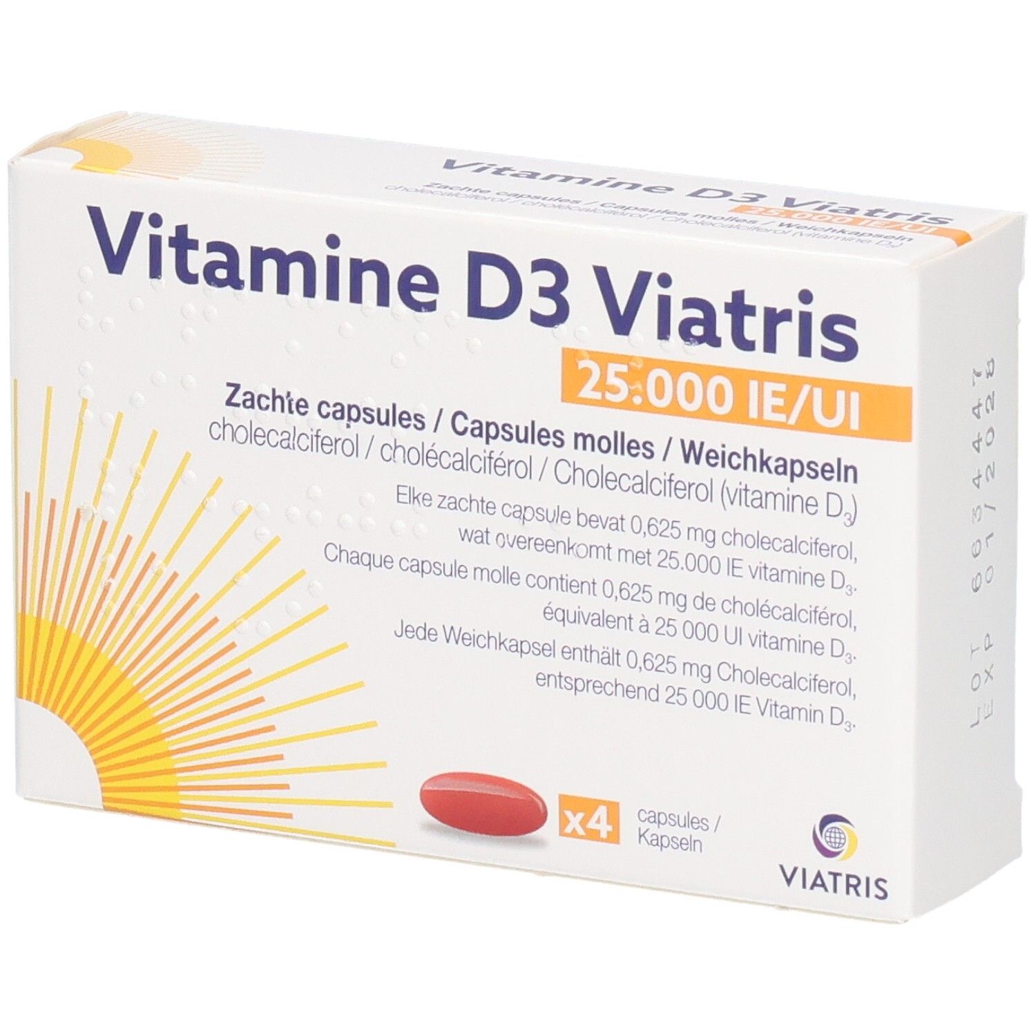 Vitamine D3 Viatris 25.000 IE/UI Zachte capsules Doos met één rode capsule en "x4" opschrift.