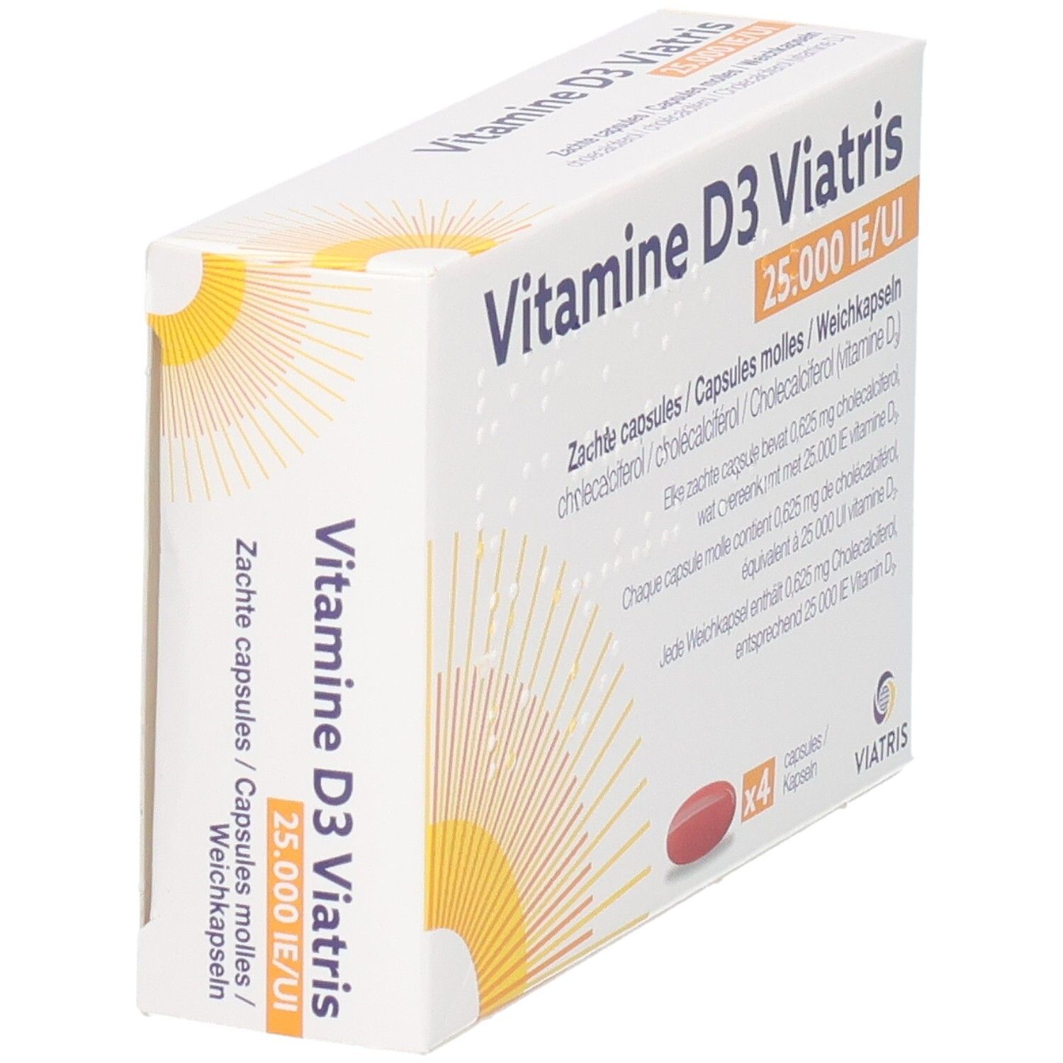 Vitamine D3 Viatris 25.000 IE/UI Zachte capsules Doos, zijaanzicht met rode capsule en "x4" opschrift.