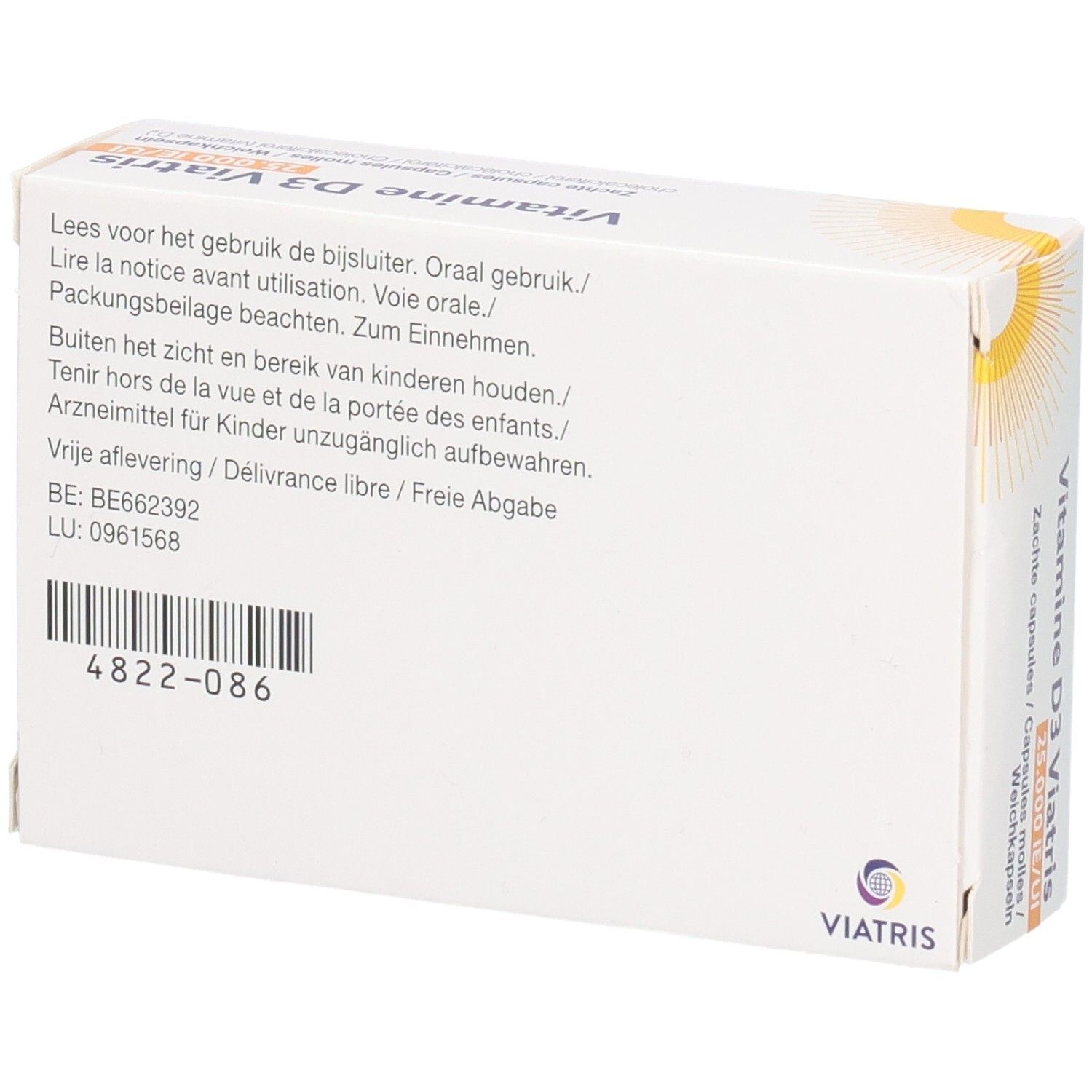 Vitamine D3 Viatris 25.000 IE/UI Zachte capsules Doos, achterkant met gebruiksinstructies en barcode.
