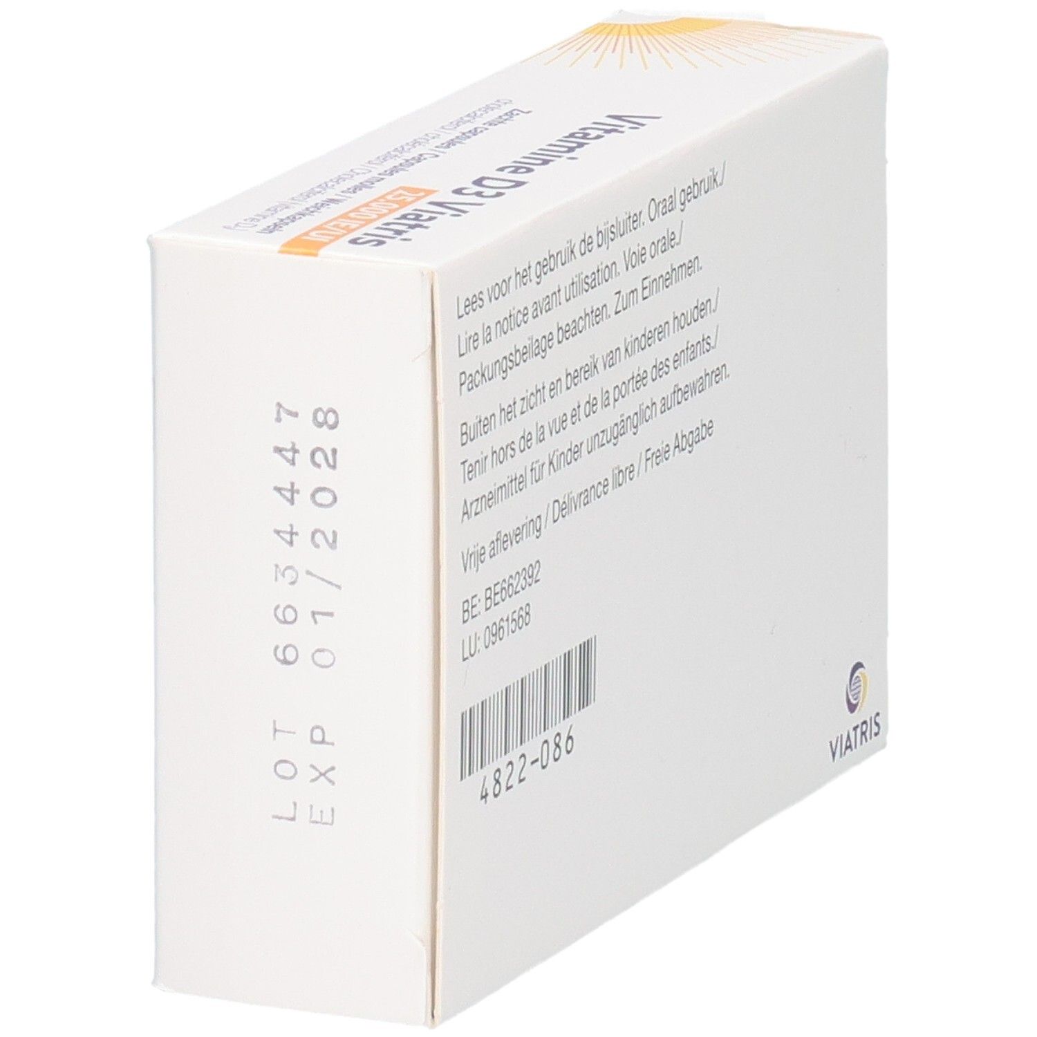 Vitamine D3 Viatris 25.000 IE/UI Zachte capsules Doos, achterkant met LOT en EXP datum.