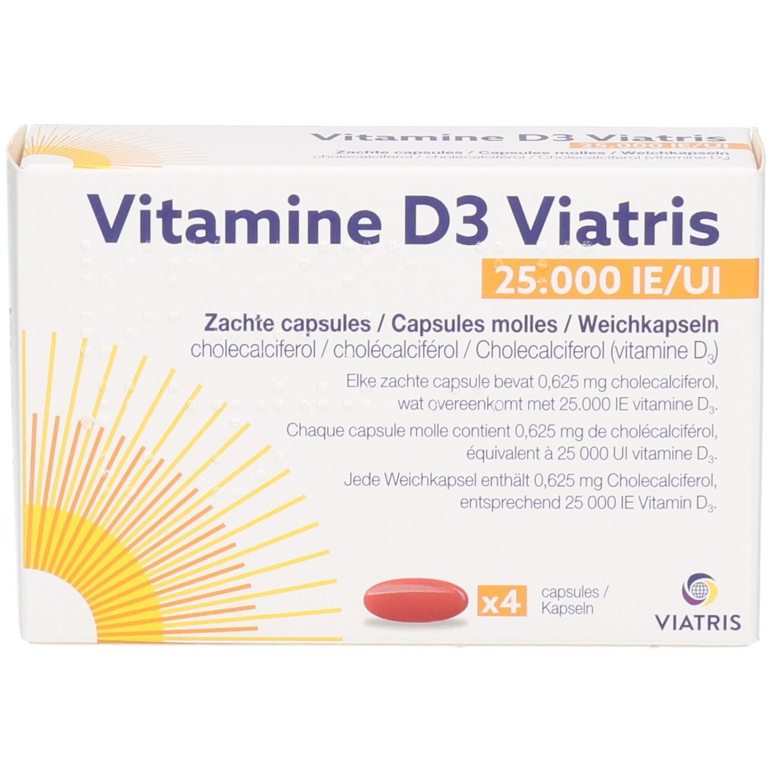 Vitamine D3 Viatris 25.000 IE/UI Zachte capsules Doos met één rode capsule en "x4" opschrift.