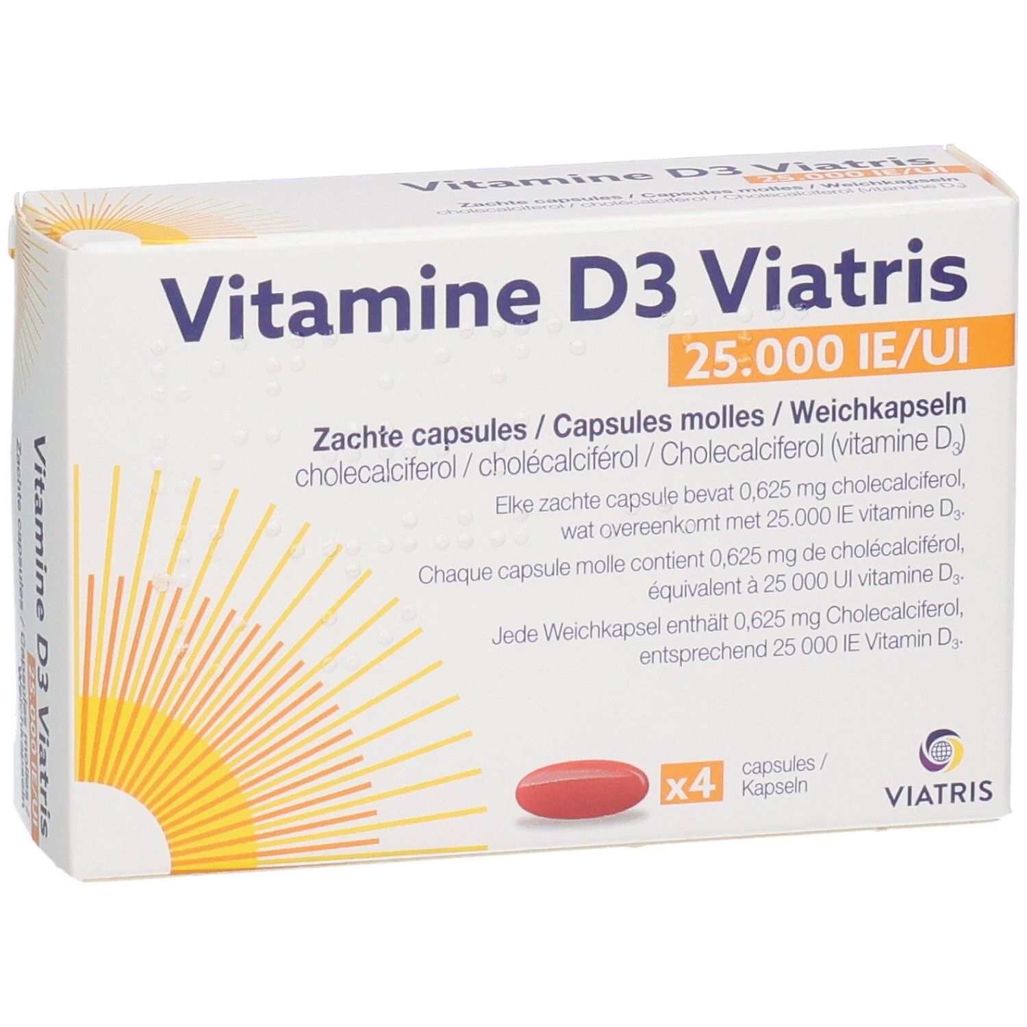 Vitamine D3 Viatris 25.000 IE/UI Zachte capsules Doos, zijaanzicht met rode capsule en "x4" opschrift.
