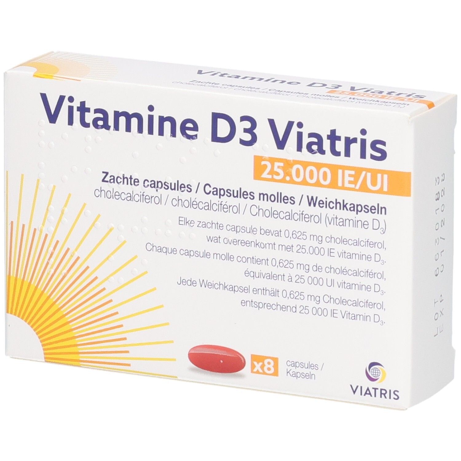 Vitamine D3 Viatris 25.000 IE/UI zachte capsules Doos met 8 capsules.