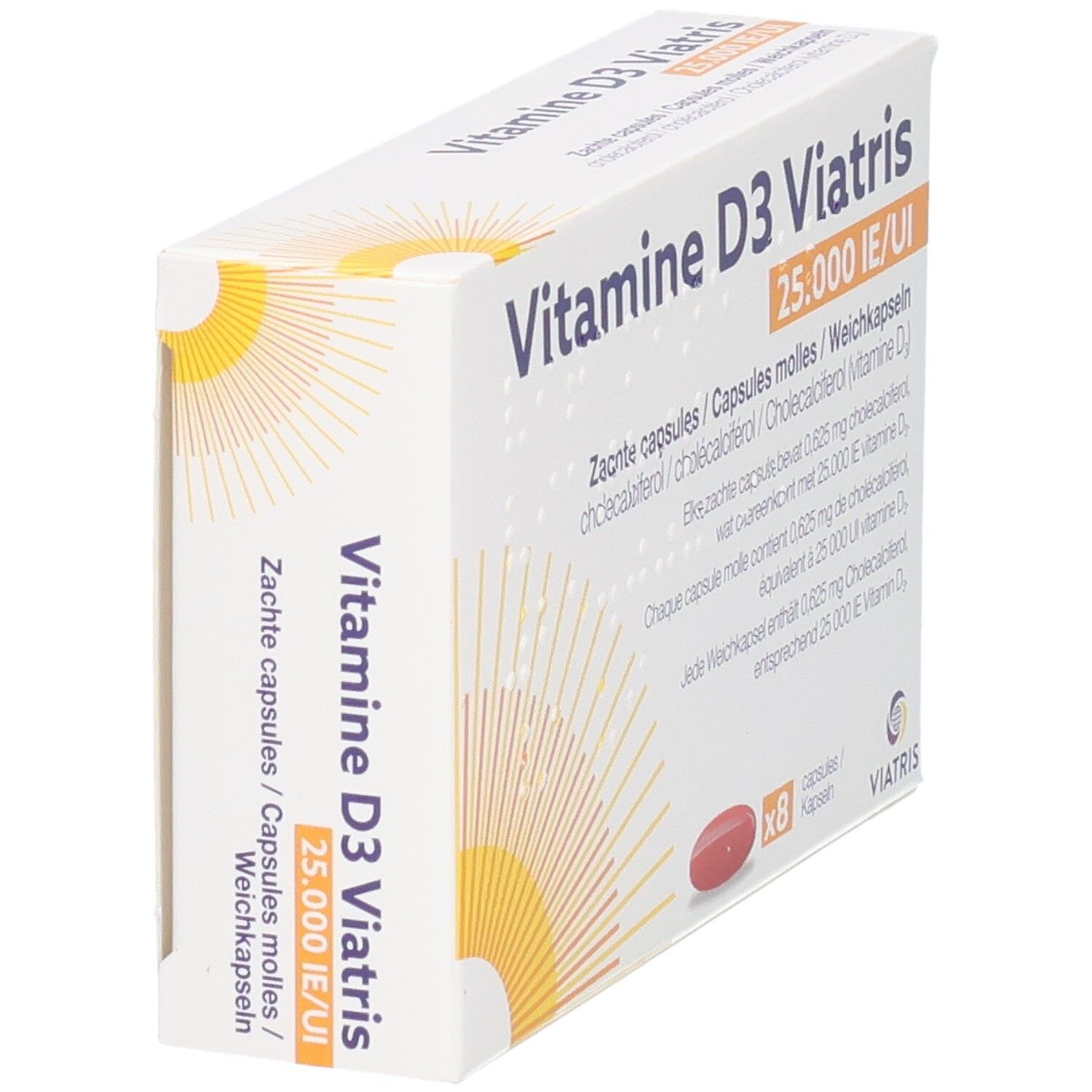Vitamine D3 Viatris 25.000 IE/UI zachte capsules Doos met 8 capsules.